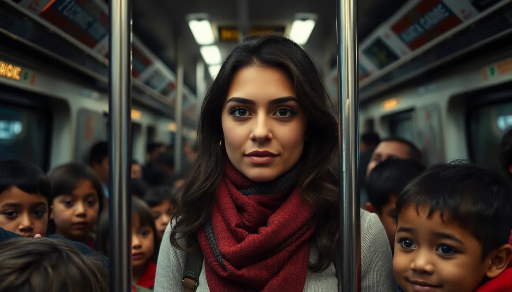 Hiba Abouk rodeada por niños en un vagón de metro, expresión de sorpresa y cercanía