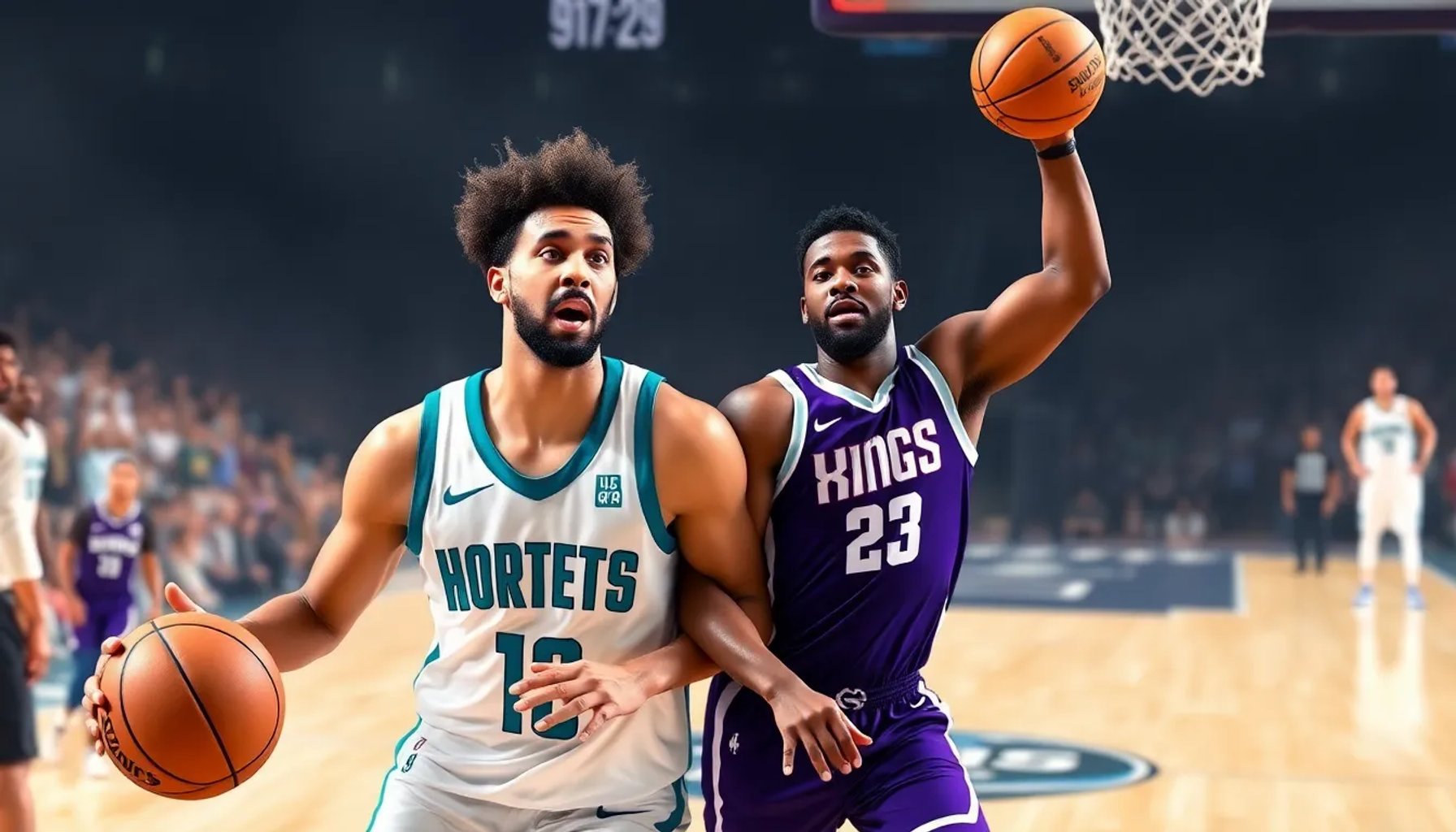 LaMelo Ball y Coby White celebrando mientras los Hornets superan los 130 puntos contra los Kings