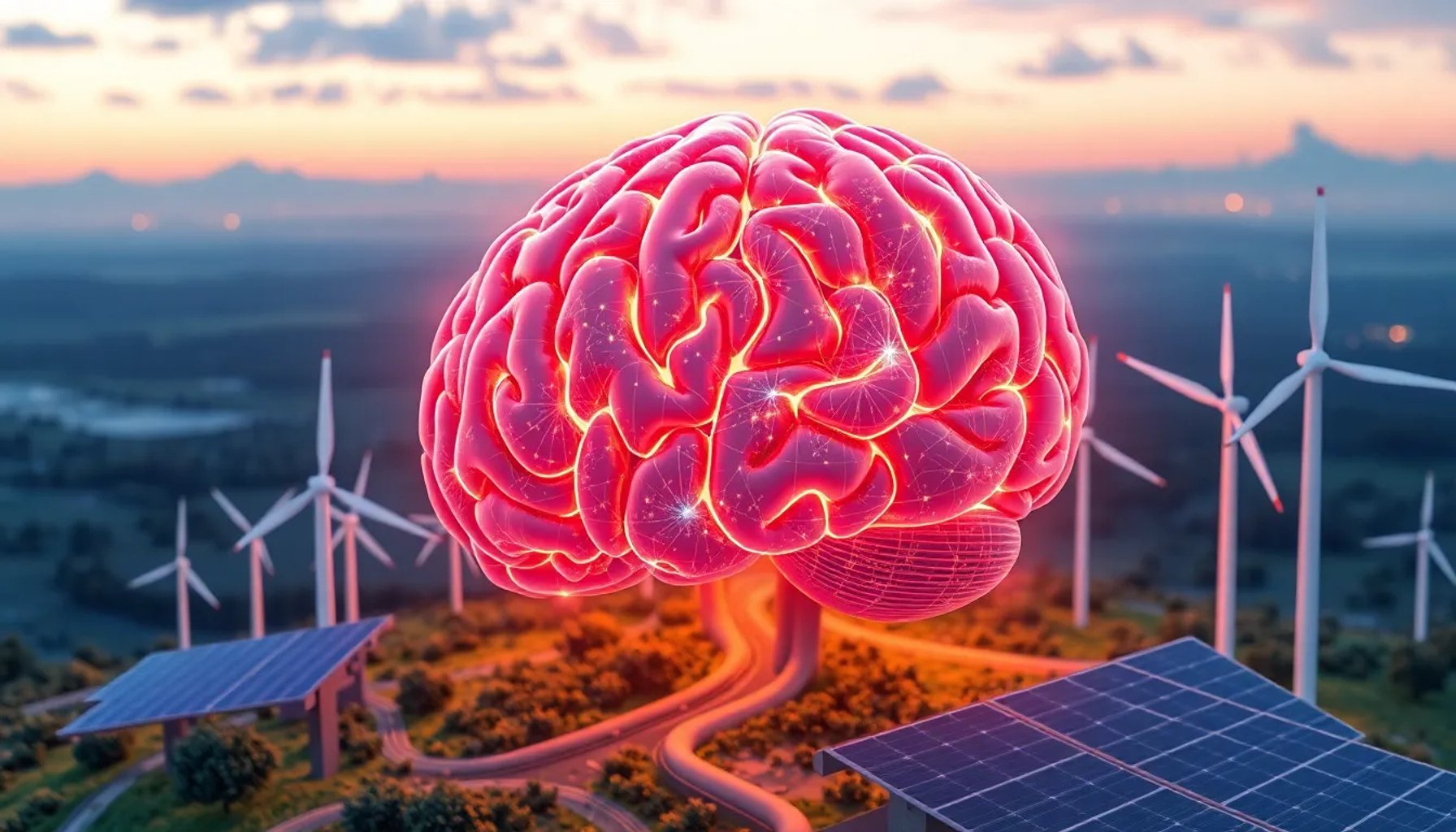 Imagen que muestra una red de energía renovable conectada a un cerebro digital, simbolizando la IA fiable en la transición energética europea.