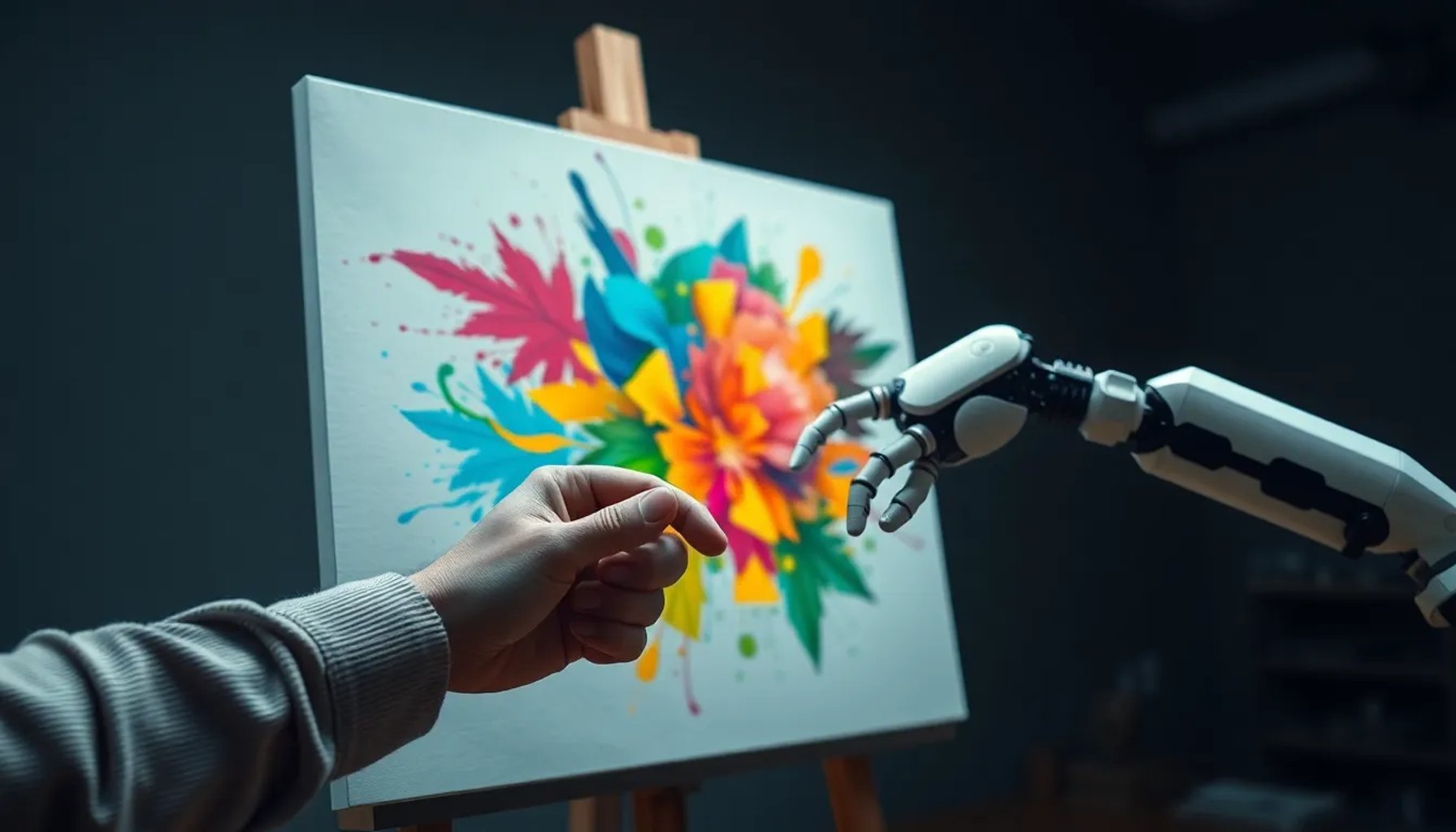 Ilustración fotorrealista de una mano humana y un brazo robótico creando arte juntos