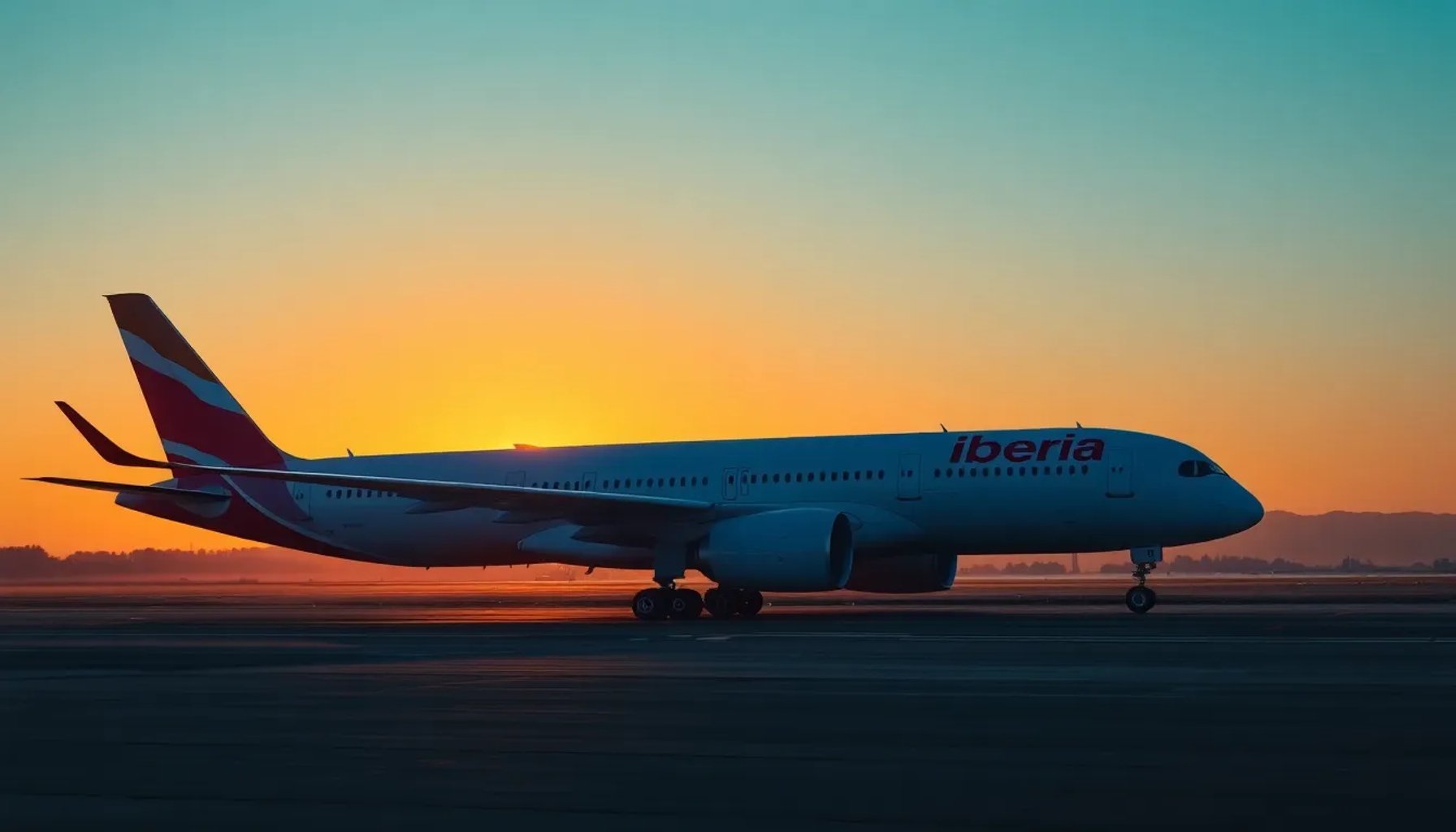 Avión Airbus A350 de Iberia en pista, cielo azul y logo visible