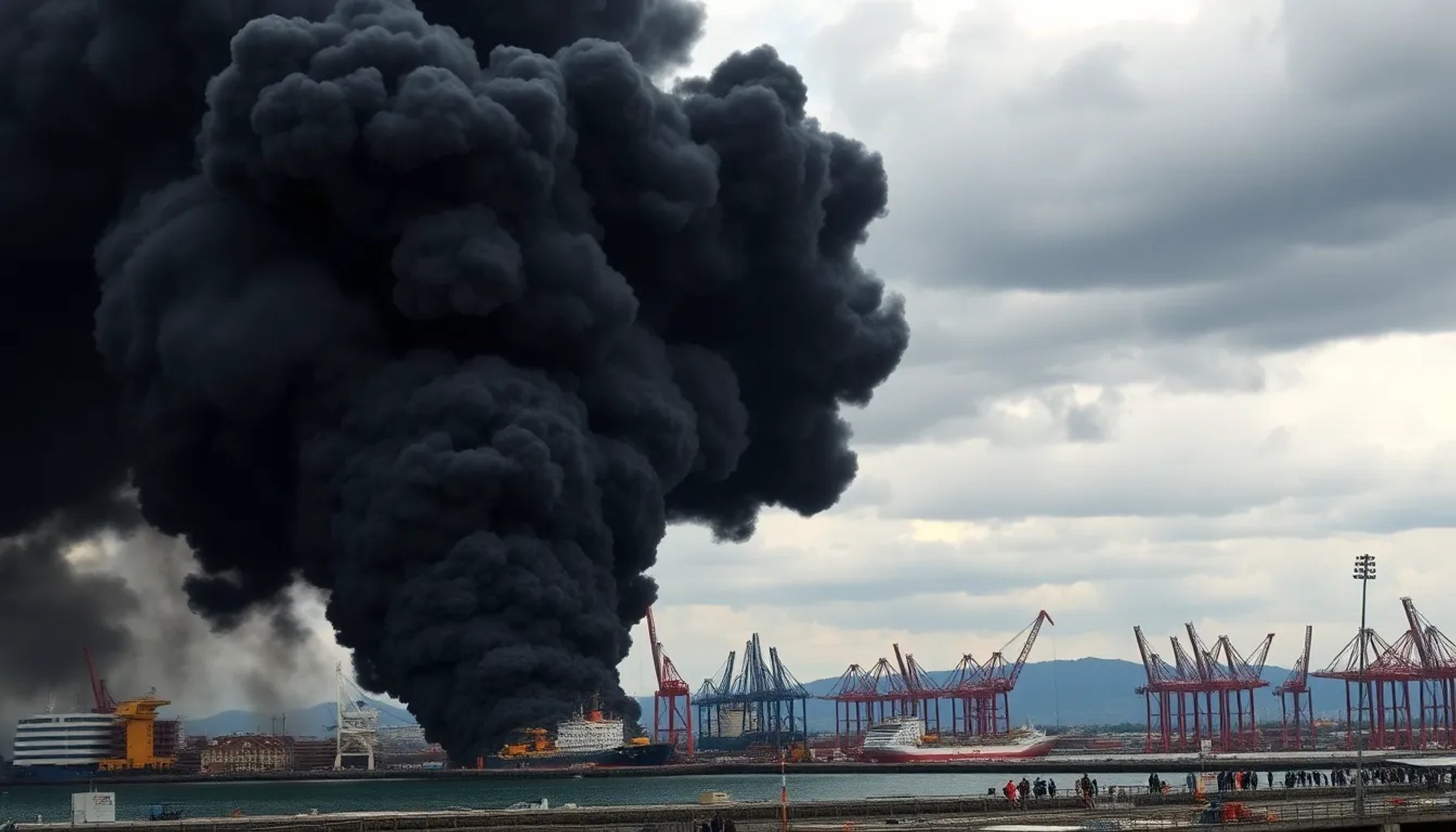 Gran columna de humo negro elevándose sobre el puerto de Barcelona tras un incendio