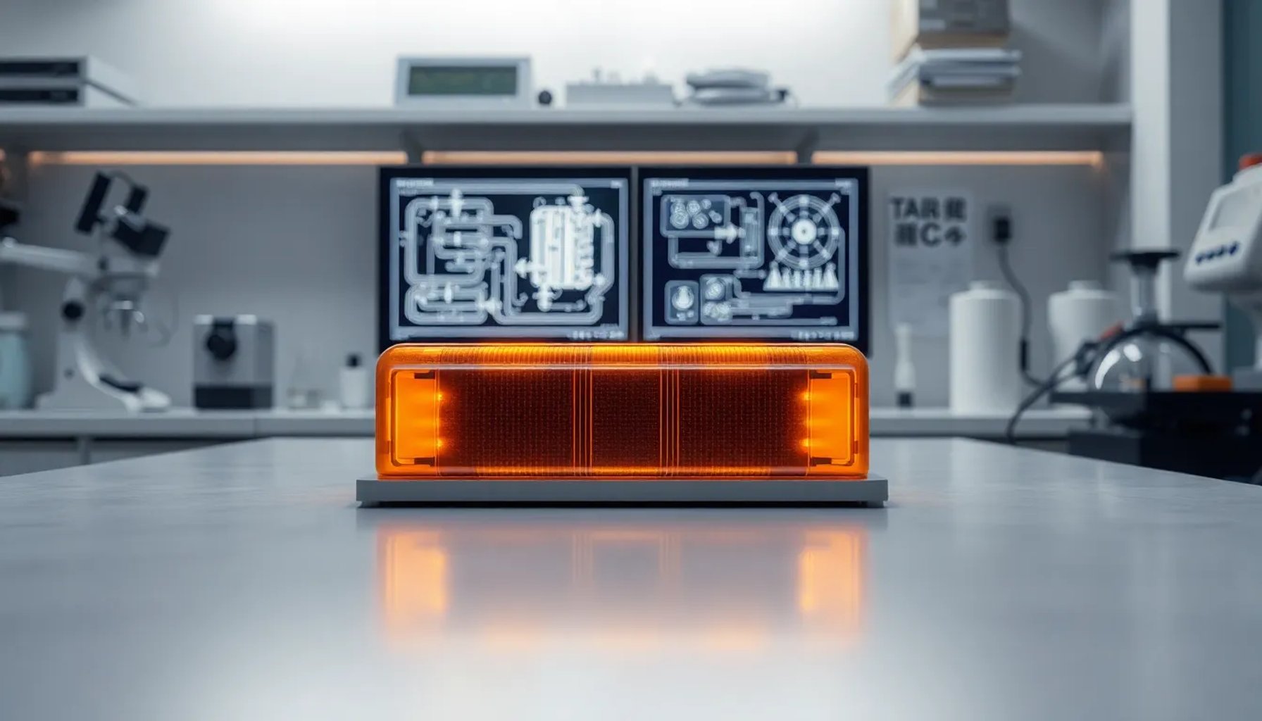 Batería de estado sólido de alta tecnología en un laboratorio futurista