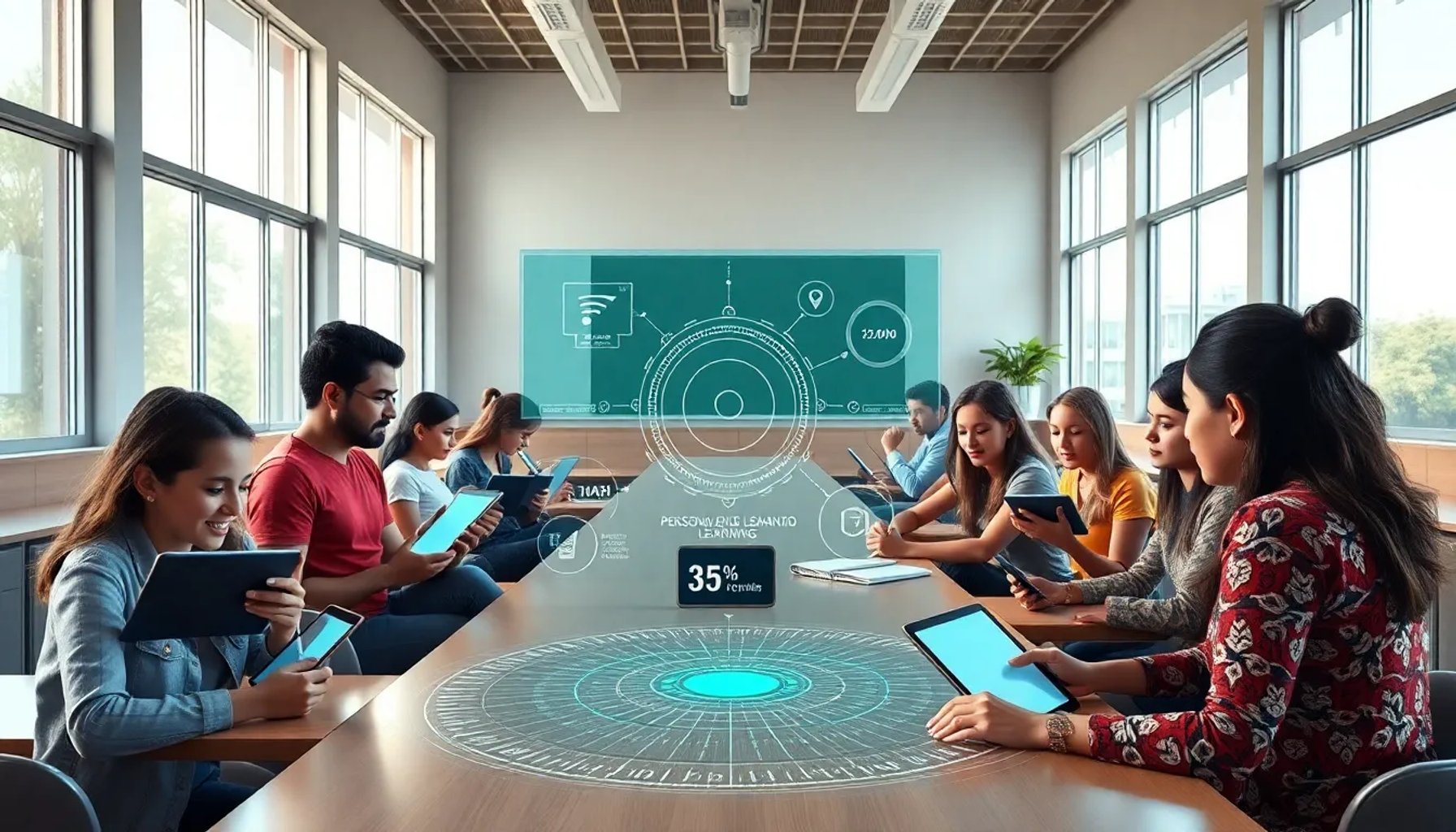 Estudiantes latinoamericanos usando tablets con una interfaz de inteligencia artificial en un aula moderna