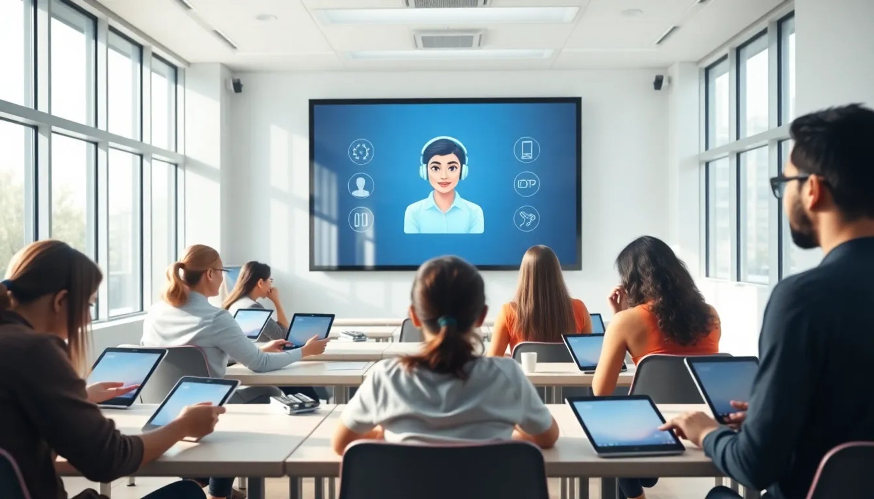 Aula moderna con estudiantes usando tablets y una pantalla que muestra un asistente de inteligencia artificial interactuando con ellos