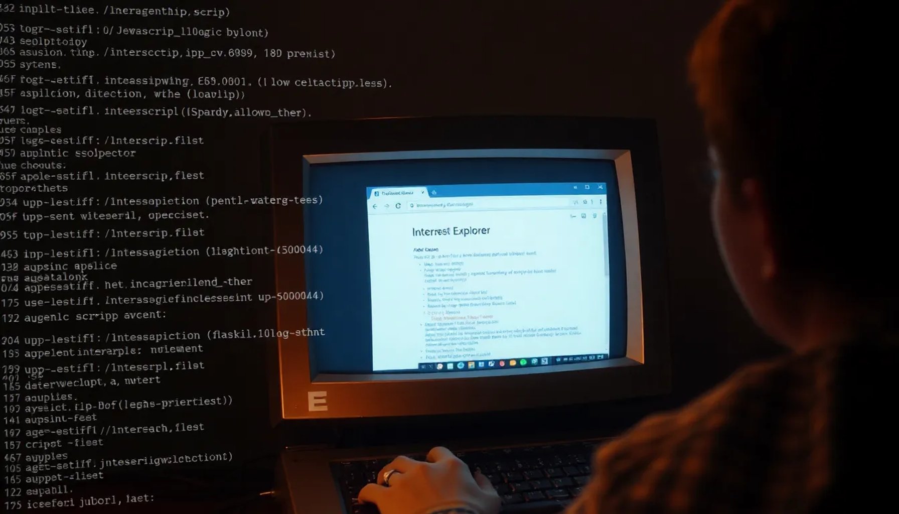 Usuario navegando en una computadora antigua con Internet Explorer mientras se muestra código JavaScript de detección y redirección