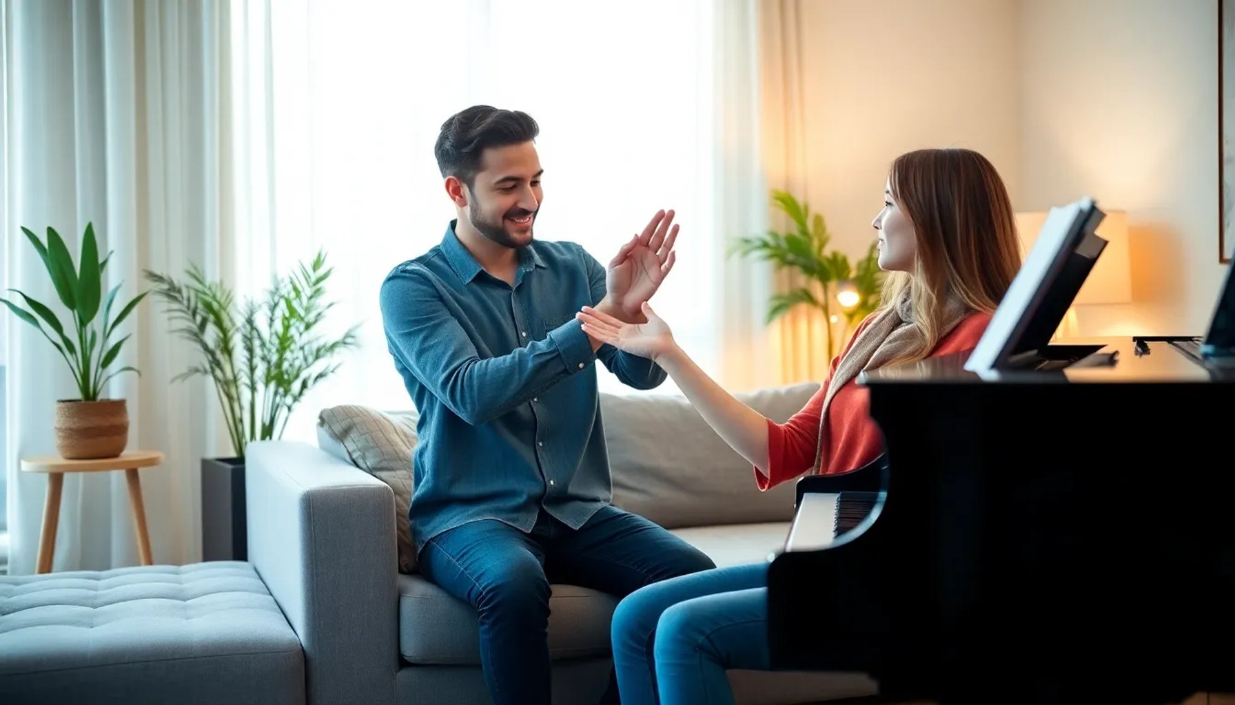 James Rhodes ofreciendo ayuda económica a Noelia mientras conversan en una sala iluminada