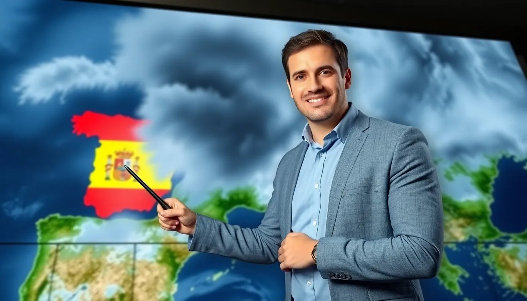 Jorge Rey señalando un mapa meteorológico mientras habla de la predicción de mal tiempo para Semana Santa