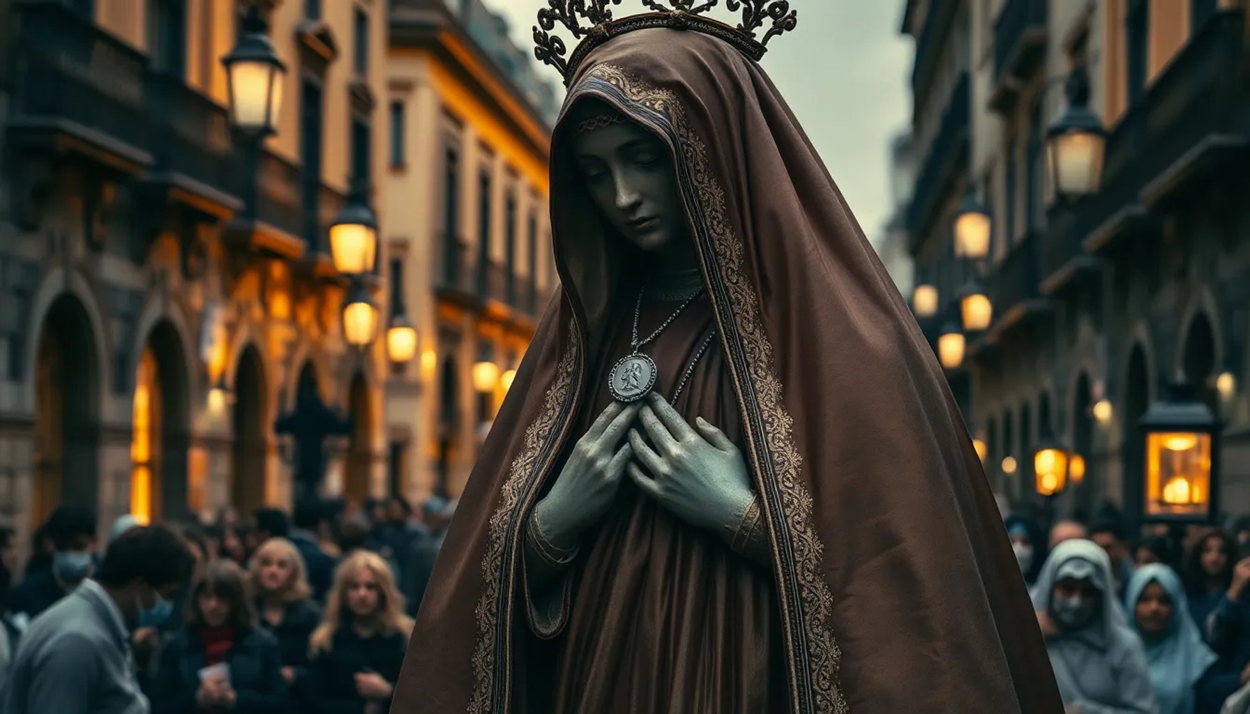 Imagen de la Virgen de los Dolores con el medallón de Sandra Peña durante la procesión del Cerro del Águila en Sevilla