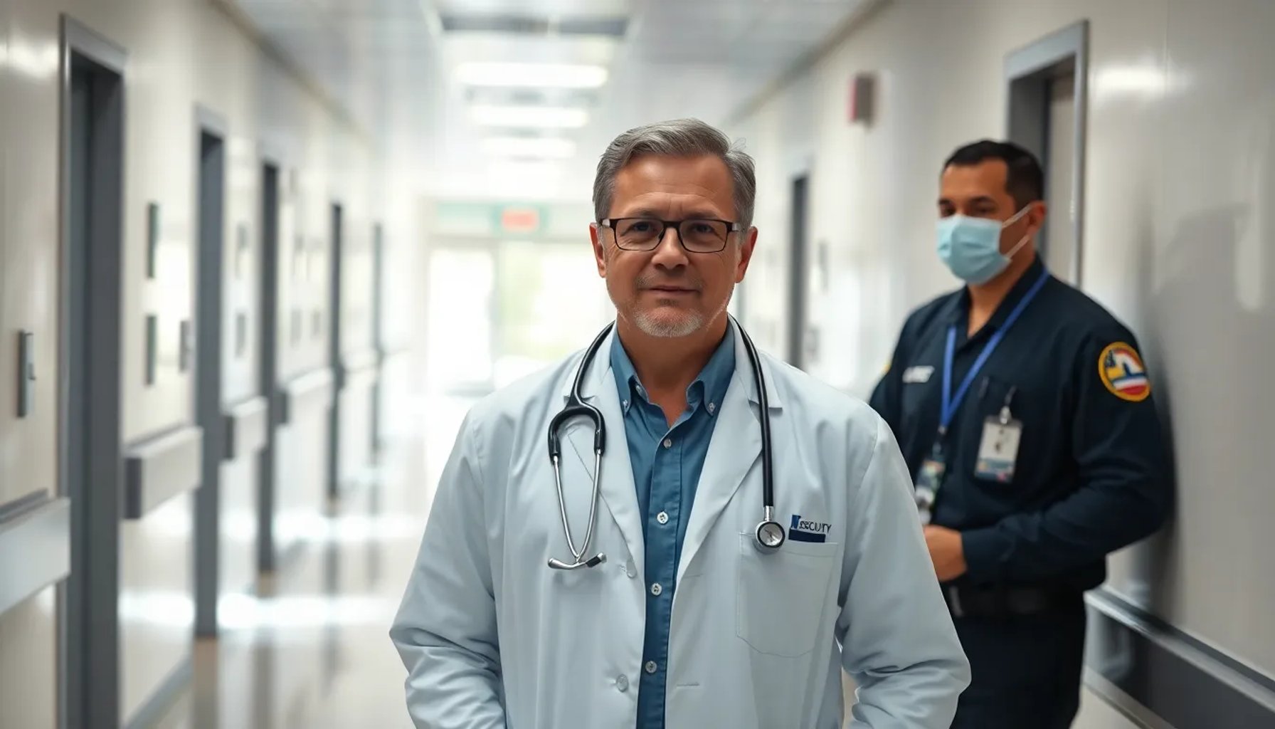 Médico atendiendo a un paciente mientras un guardia de seguridad observa la escena en un hospital español.
