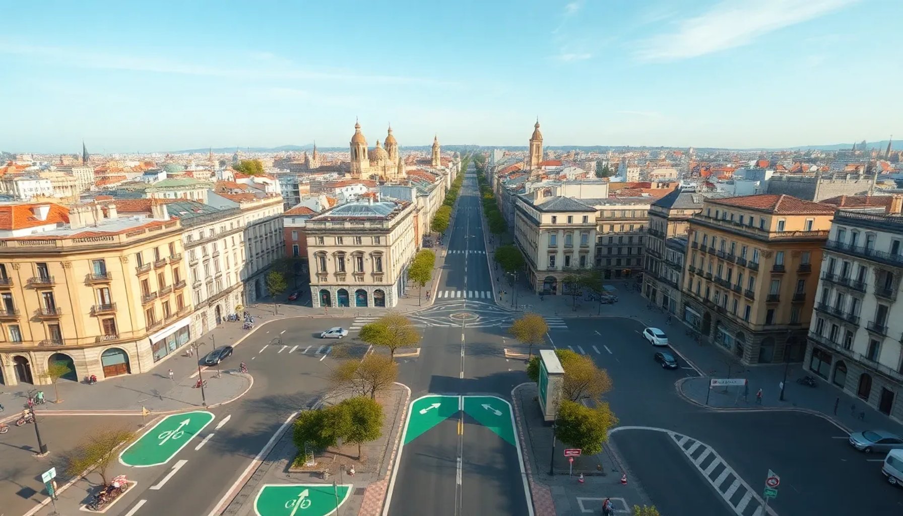 Vista aérea del centro histórico de Madrid con carriles bici y señal de zona libre de emisiones