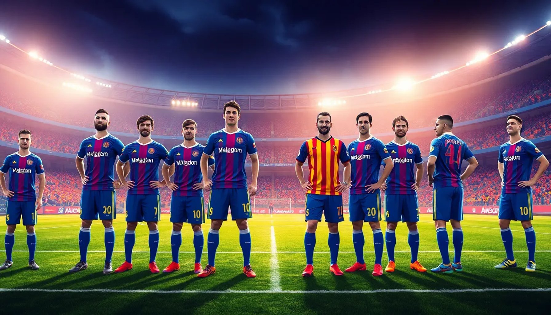 Alineación del Málaga CF contra el Huesca con el nuevo defensa introducido por Funes, visible en el campo de La Rosaleda