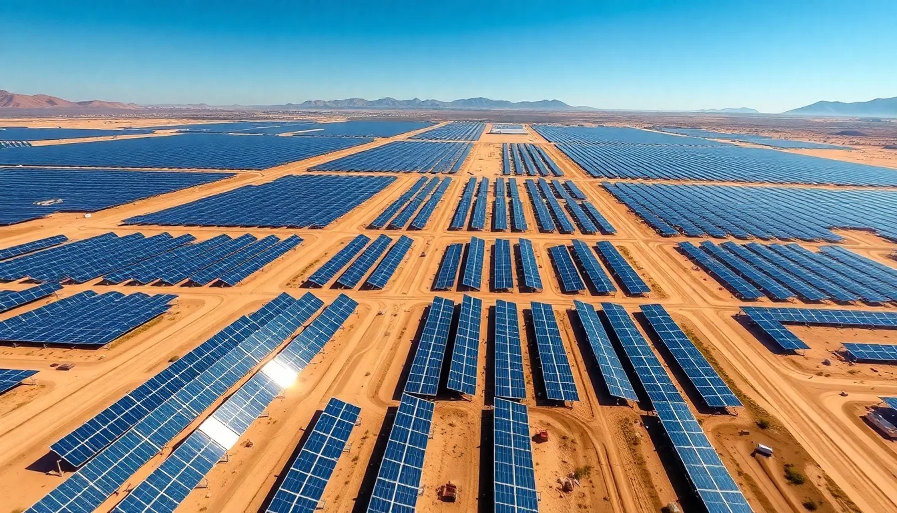 Vista aérea de un extenso parque solar en el desierto de Sonora, México, con filas de paneles brillando bajo el sol