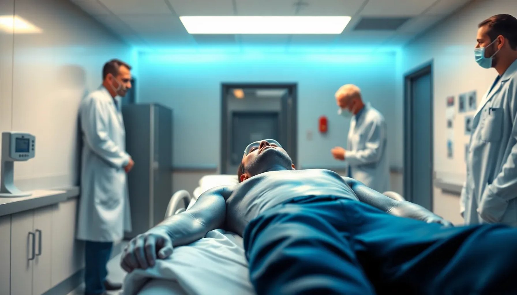 Hombre con la piel azul sentado en una camilla de hospital, rodeado de médicos atentos