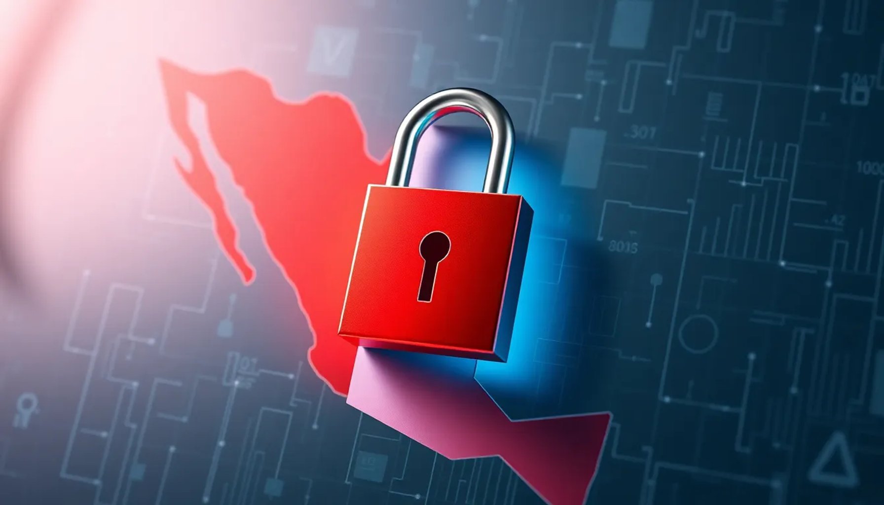 Imagen que muestra un candado digital sobre un mapa de México, simbolizando la protección de datos y la normativa de privacidad.