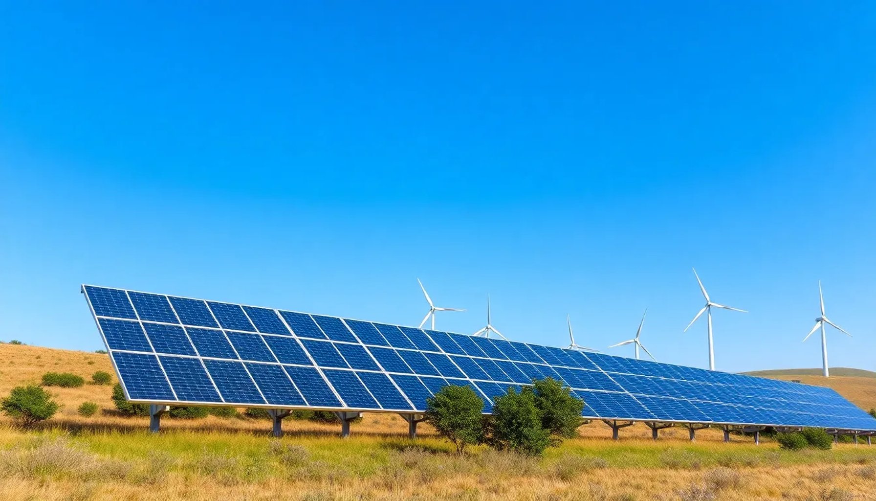 Imagen de un paisaje natural con energía solar y eólica