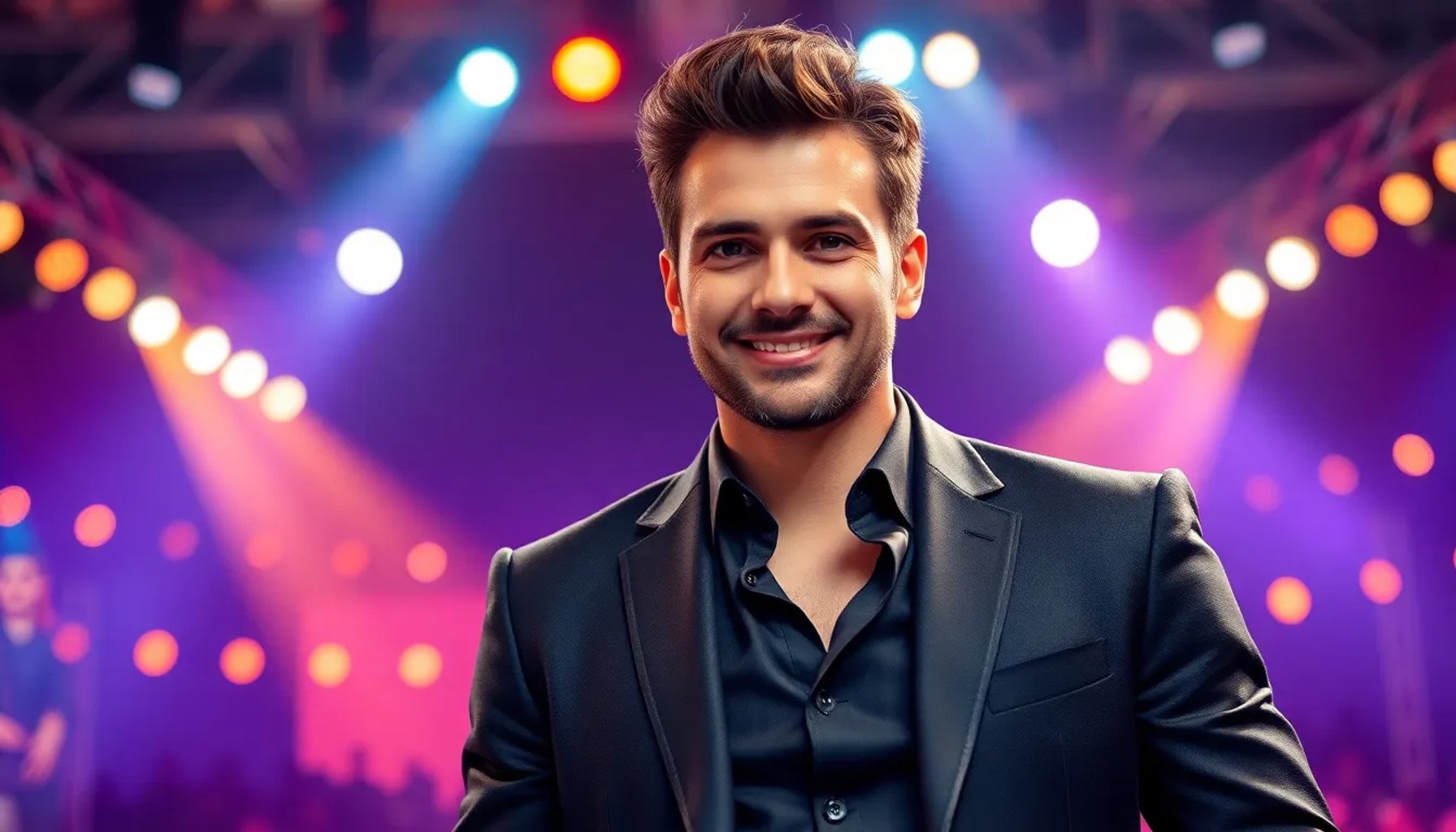 Omar Montes posando con traje elegante frente a un escenario, simbolizando su transición a la música