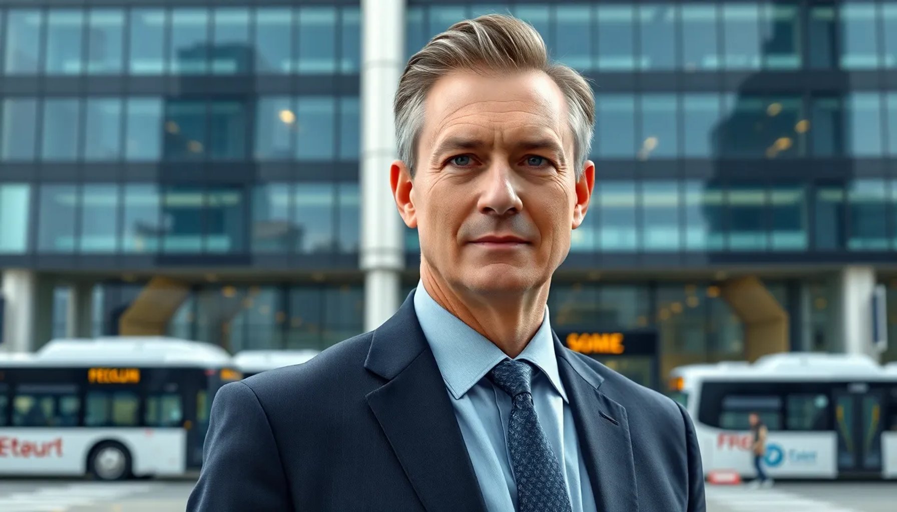 Paco Iglesias, CEO de ALSA, posado frente a la sede de Mobico en Londres, con fondo de autobuses eléctricos