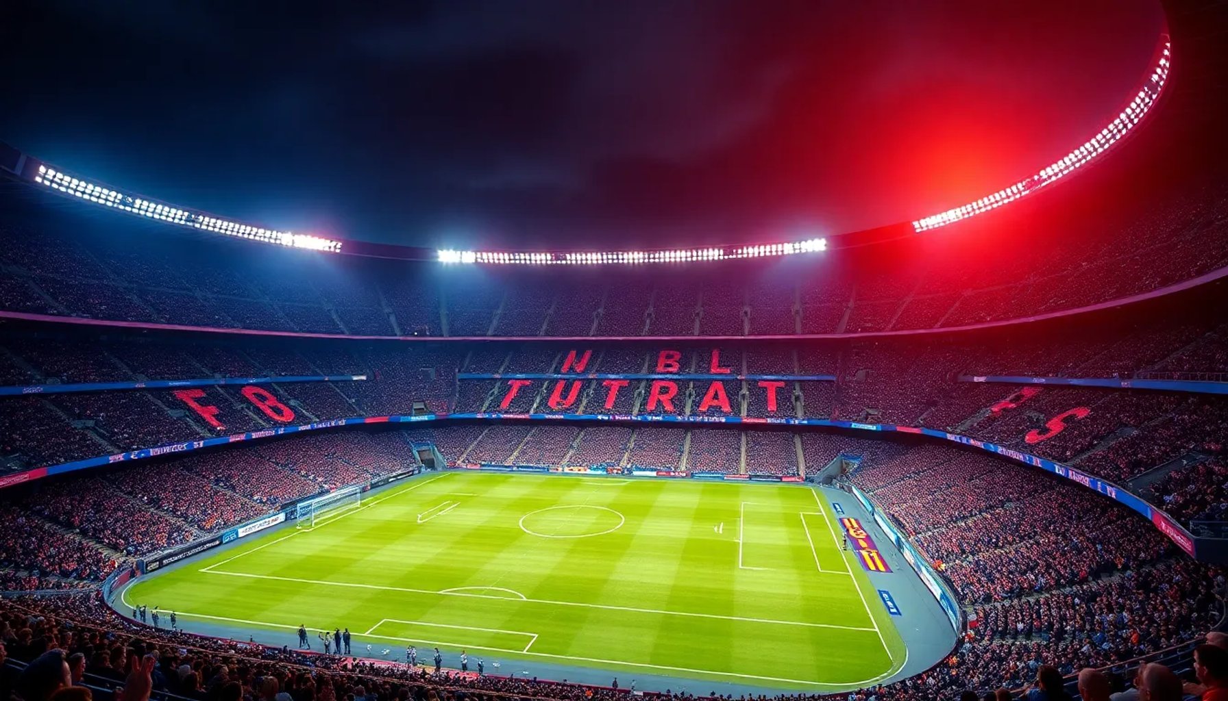 Imagen del estadio Santiago Bernabéu iluminado con los colores del Real Madrid y Barcelona antes del clásico