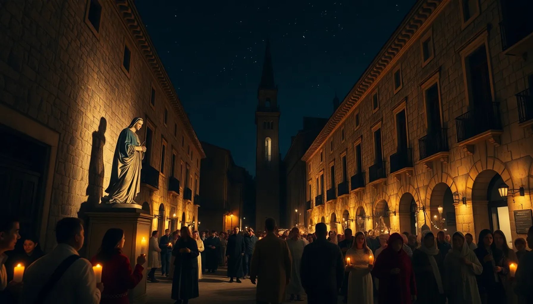 Imagen de una procesión nocturna con velas y la estatua de San José de la Montaña iluminada