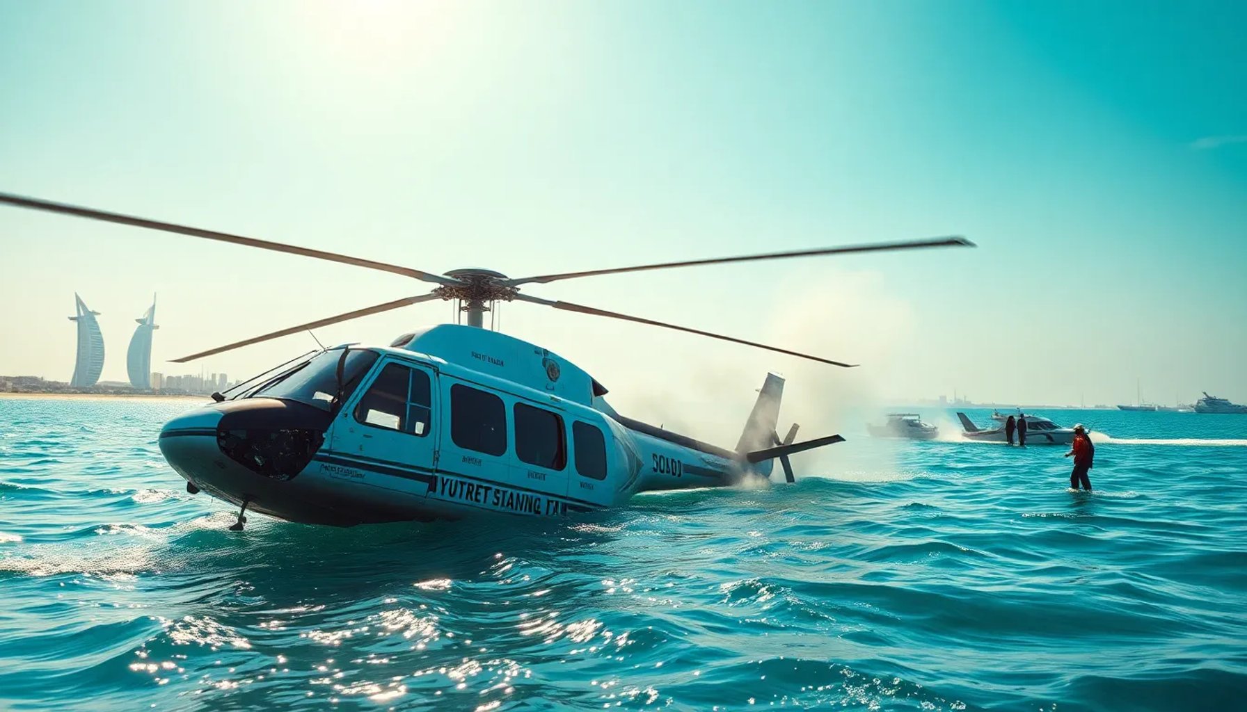 Helicóptero siniestrado flotando en el mar azul de Qatar, rodeado de humo y equipos de rescate