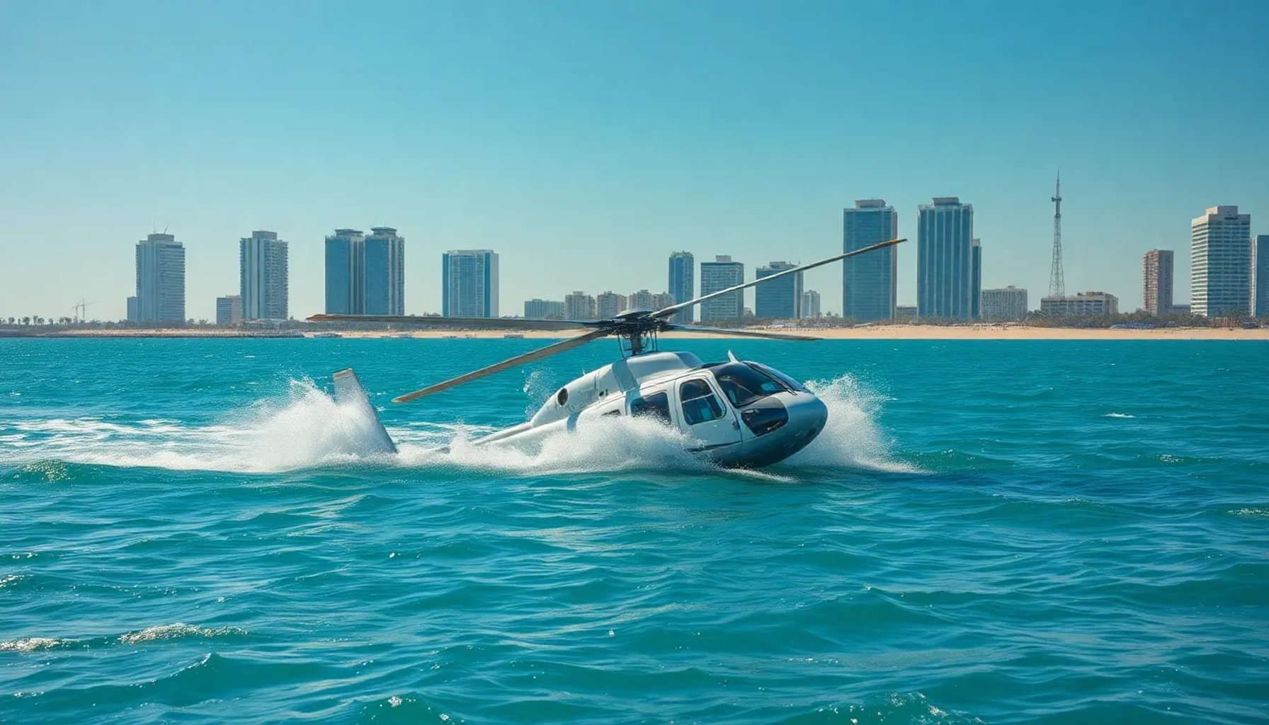 Helicóptero Eurocopter EC135 estrellado en el mar frente a la costa de Doha, Qatar, con humo y espuma en el agua.