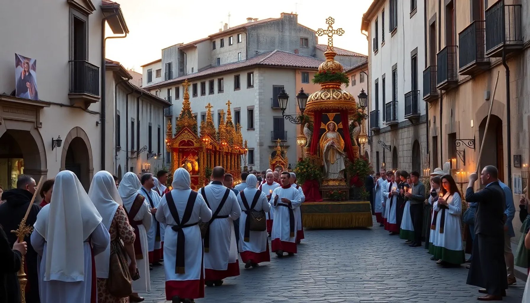 Procesión de Semana Santa en Hoyo de Manzanares con pasos religiosos bajo la luz del atardecer