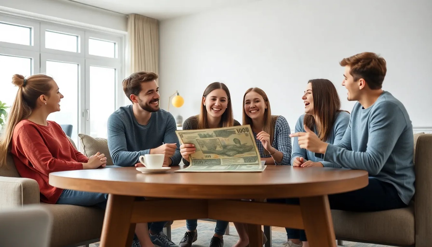 Jóvenes compartiendo una factura mientras ríen en la sala de estar