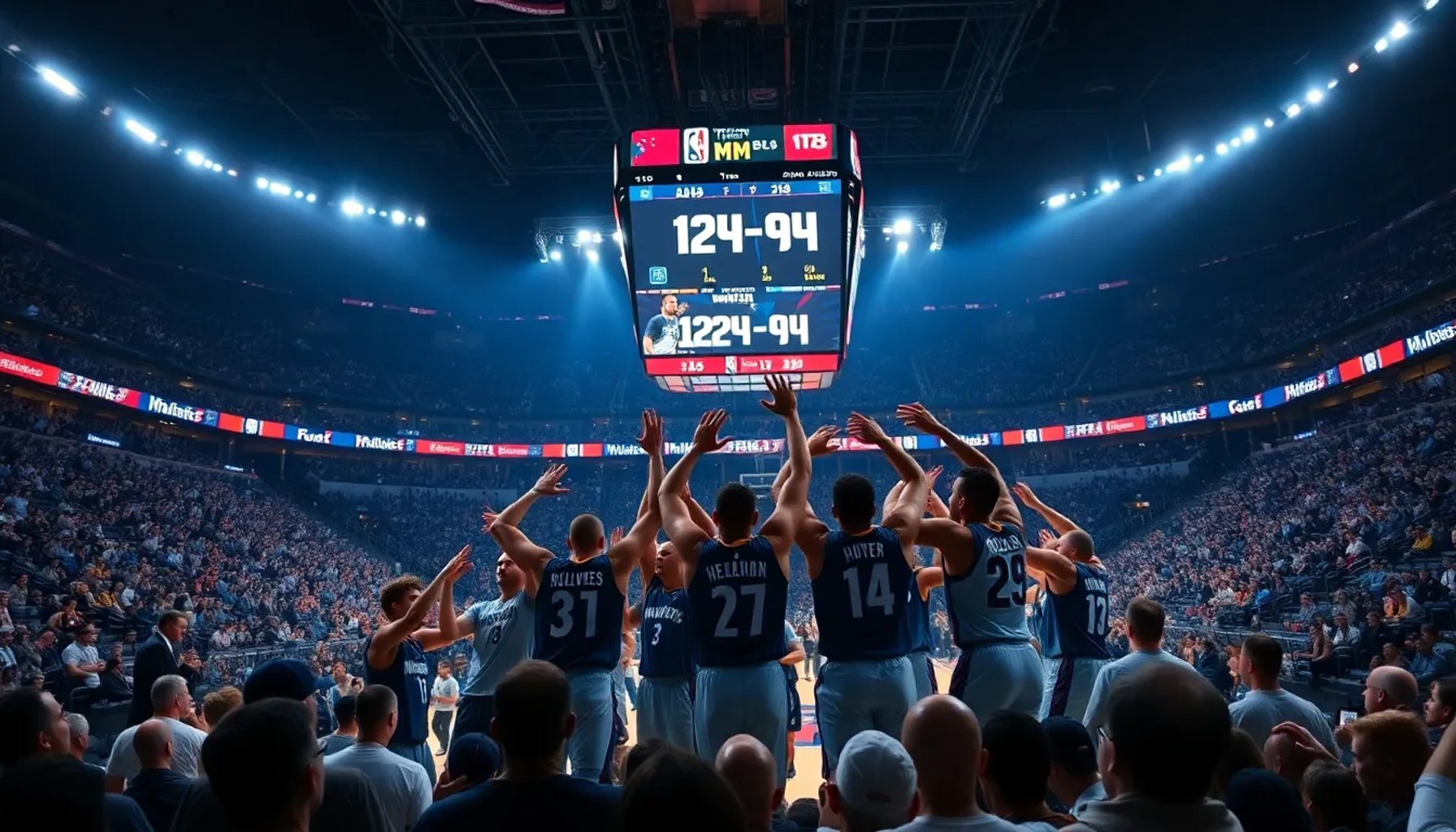Jugadores de los Minnesota Timberwolves celebran su victoria 124-94 contra los Dallas Mavericks en el Target Center