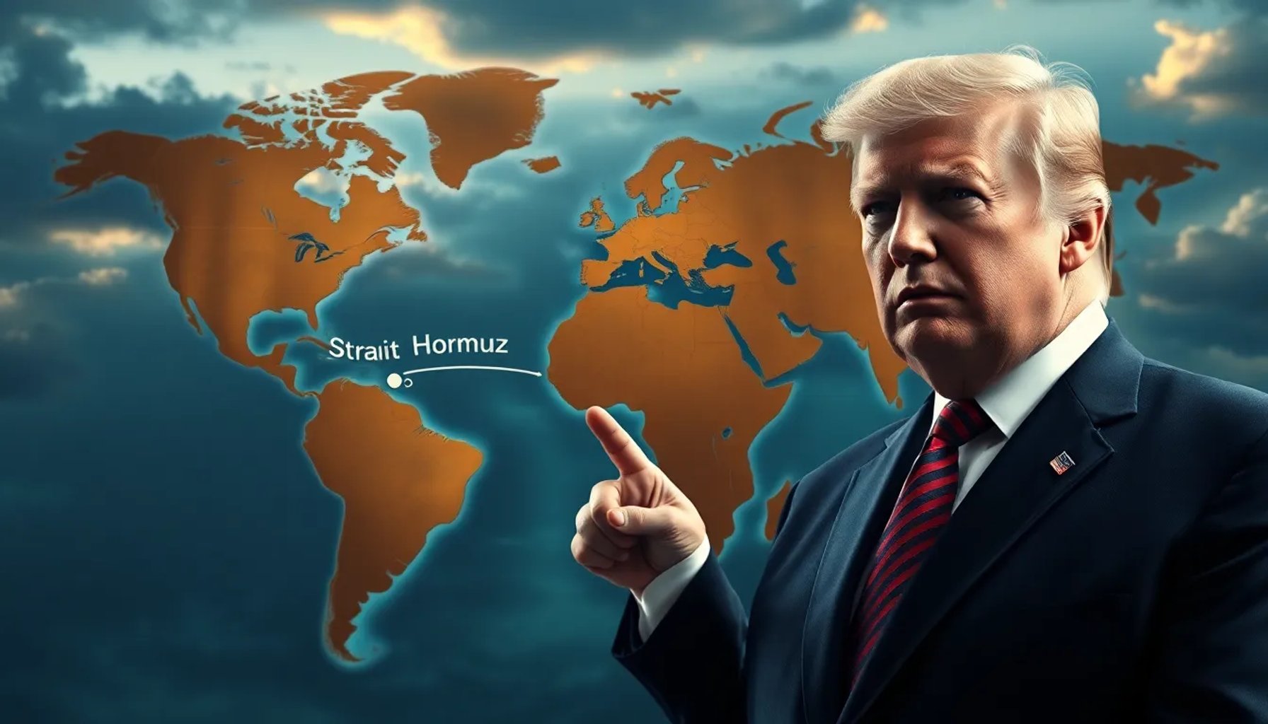 Donald Trump señalando un mapa del estrecho de Ormuz mientras se menciona una amenaza a plantas eléctricas iraníes