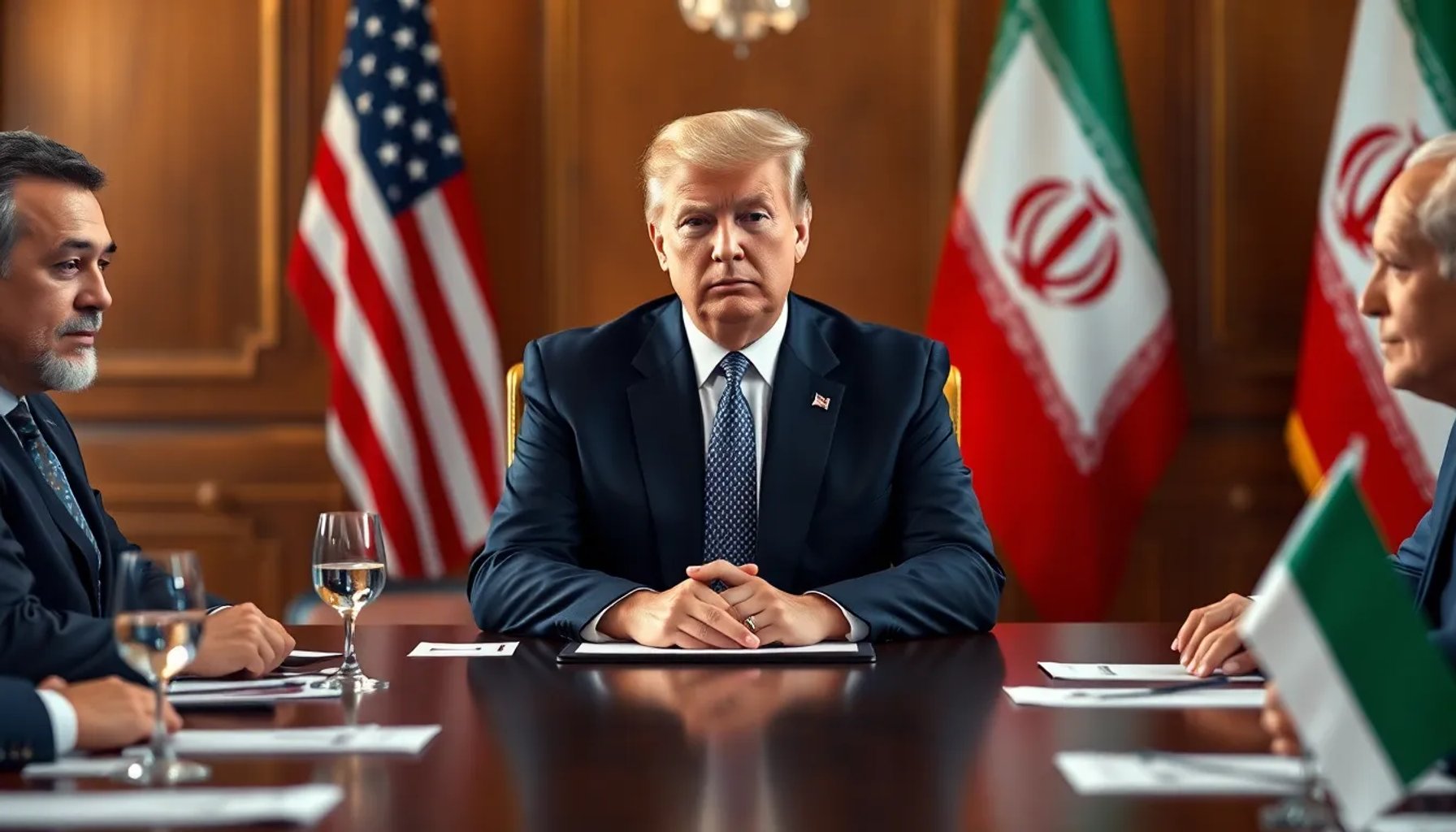 Donald Trump y representantes iraníes en una mesa de negociaciones ficticia