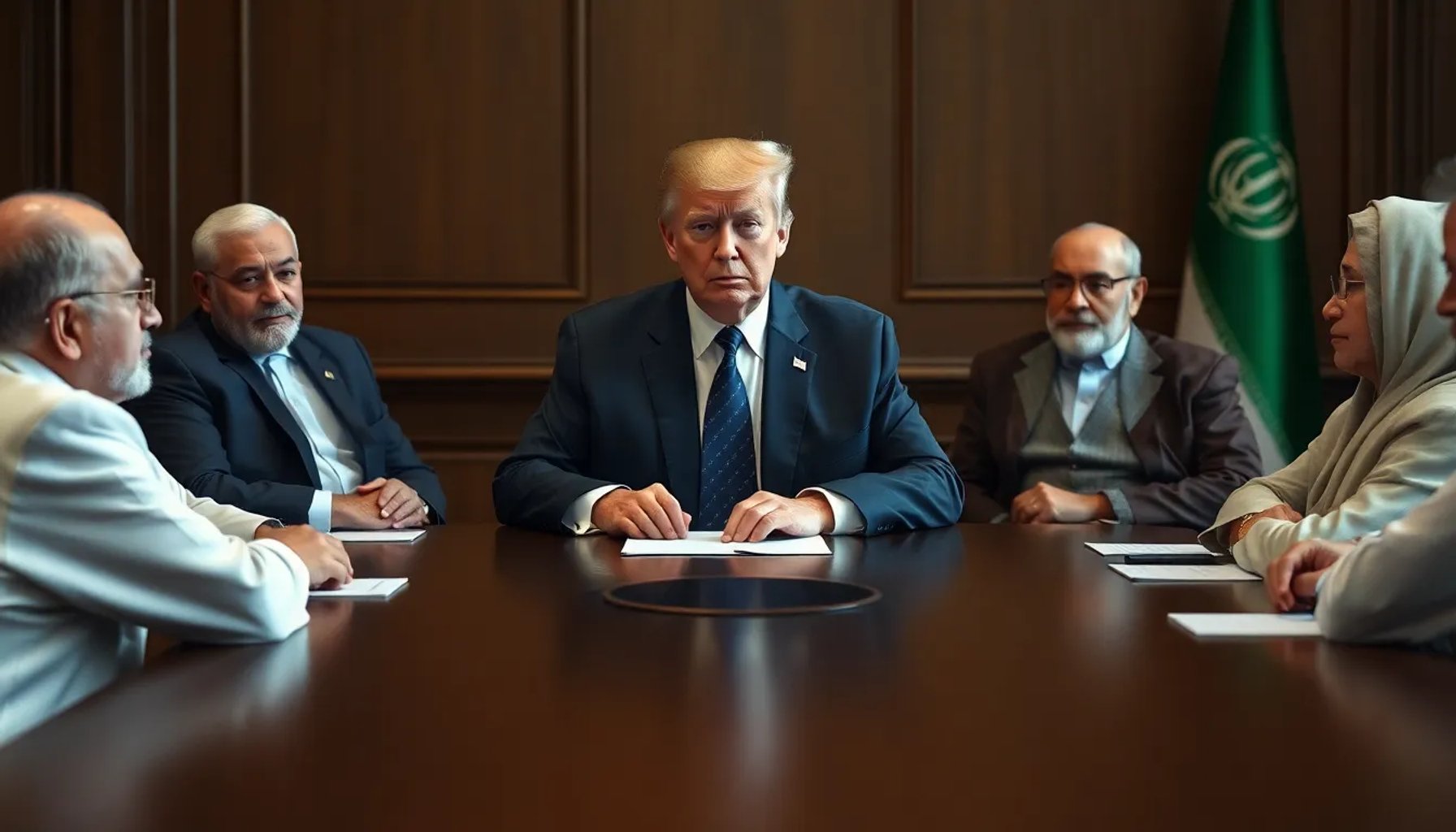 Donald Trump y representantes iraníes en una mesa de negociaciones, símbolo de un posible diálogo de paz