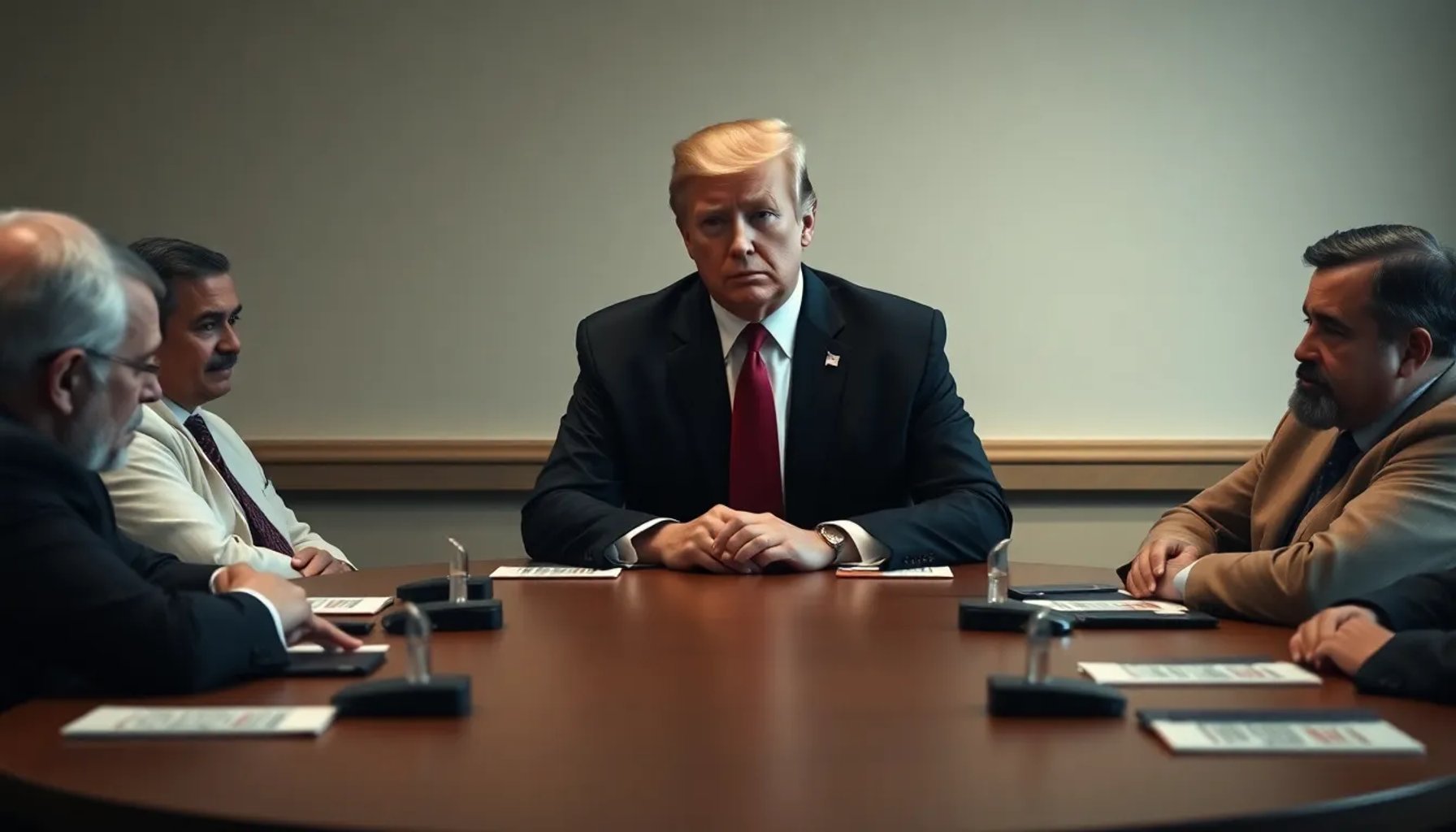 Donald Trump y representantes iraníes en una mesa de negociaciones, simbolizando un intento de diálogo para terminar la guerra en Oriente Medio