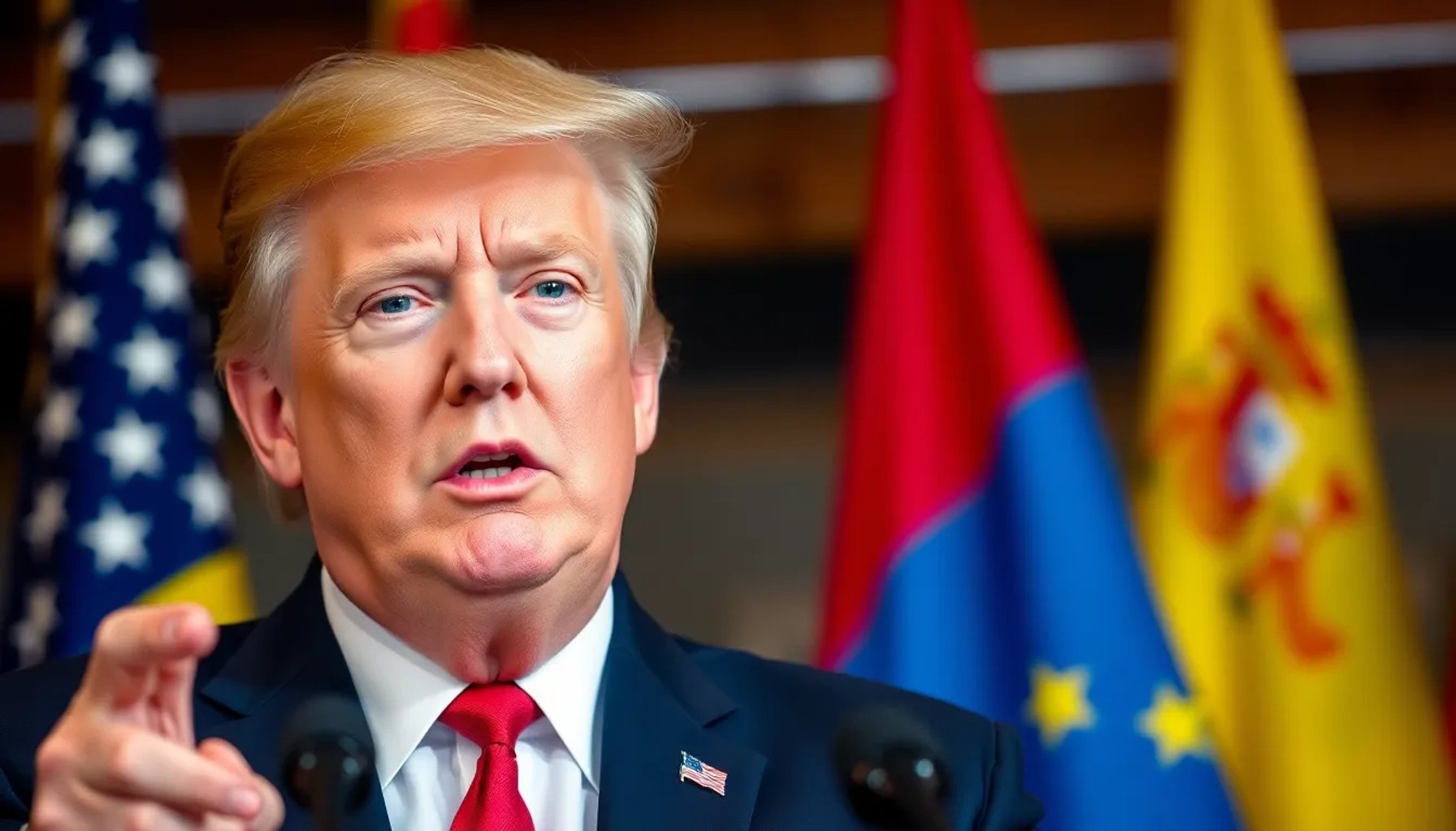 Donald Trump en una conferencia de prensa mientras se menciona una posible sanción comercial a España