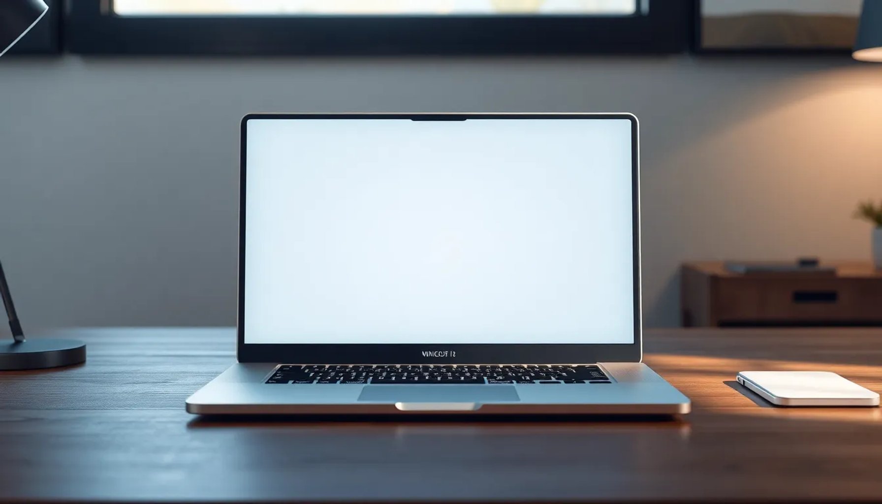 MacBook Air de Apple sobre una mesa de trabajo con pantalla encendida