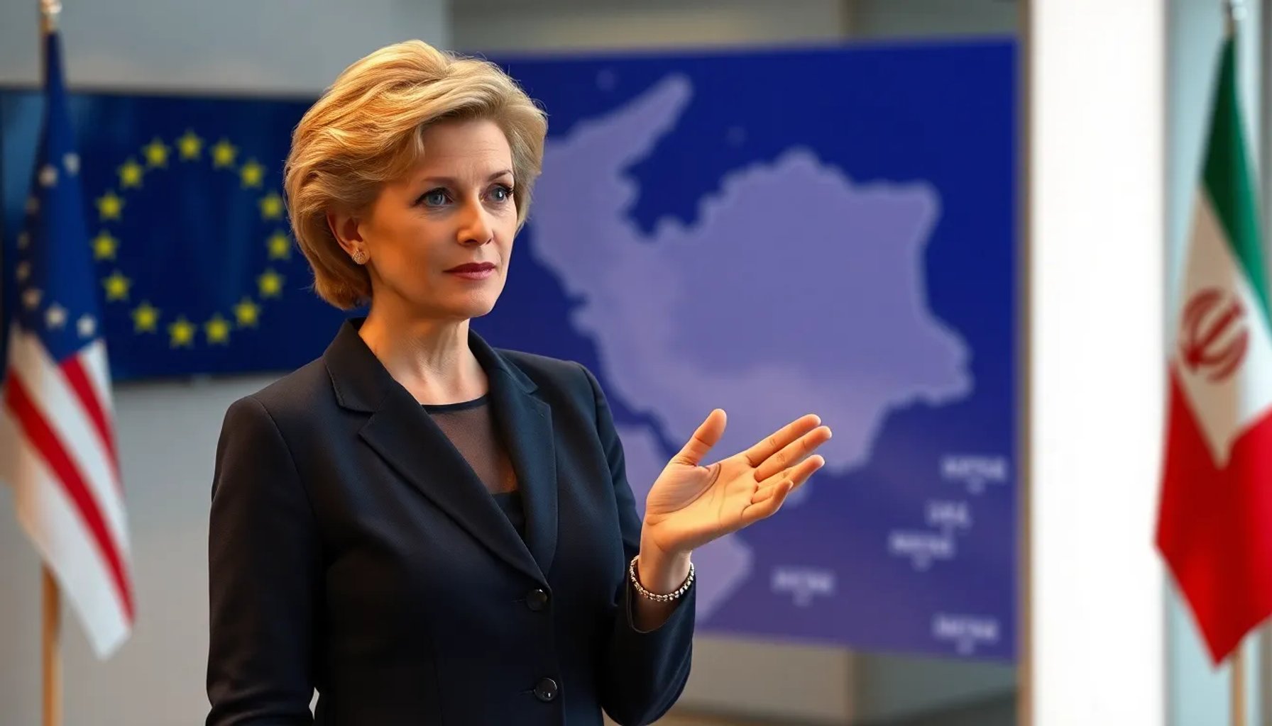 Ursula von der Leyen hablando en una conferencia de prensa mientras señala el mapa del estrecho de Ormuz