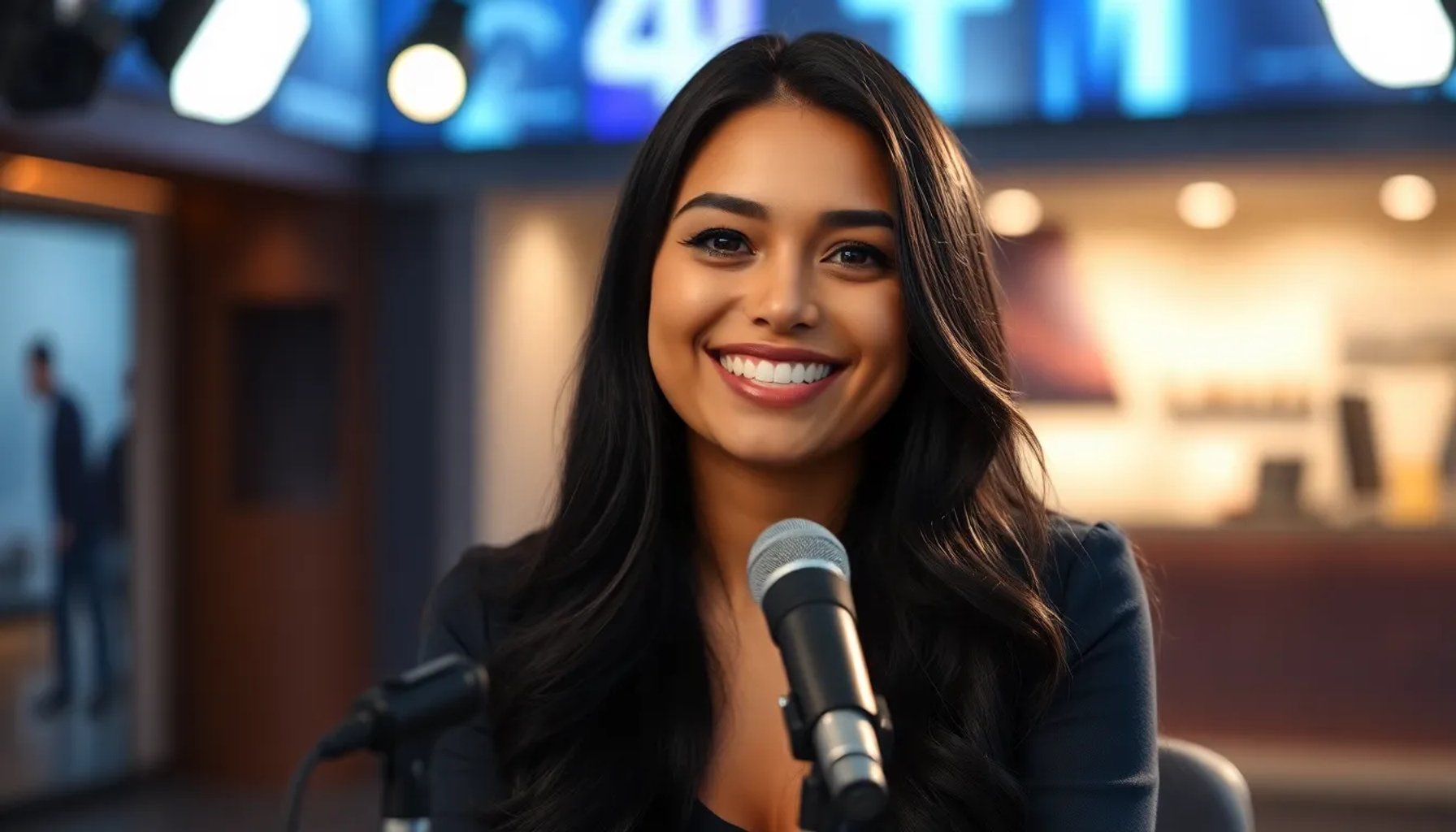 Ylenia Padilla sentada en el estudio de televisión, sonriendo mientras habla en una entrevista, con luces de escenario al fondo