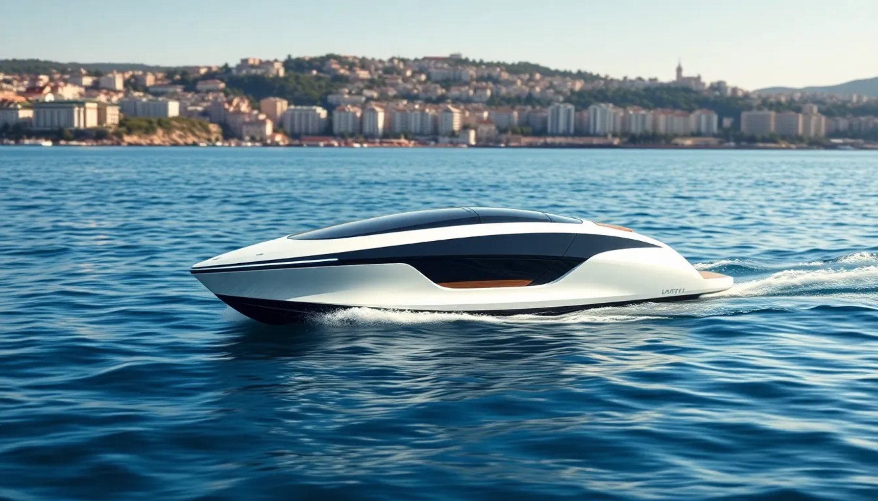 Barco eléctrico moderno surcando el agua en una bahía soleada