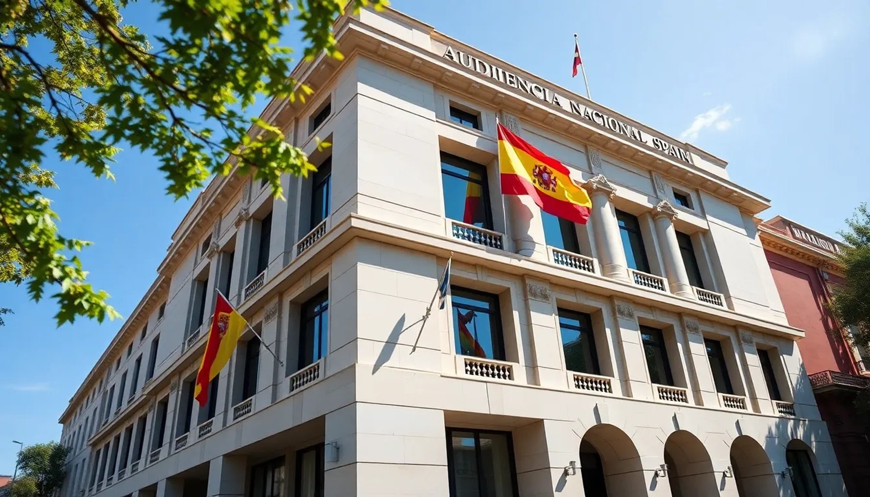 Fotografía del edificio de la Audiencia Nacional en Madrid, con la bandera española ondeando al fondo
