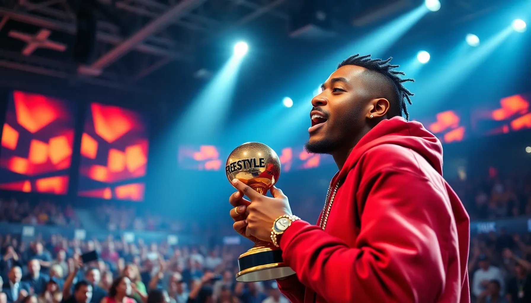 Aczino levanta el trofeo de campeón del FMS Internacional 2026 en el escenario de Lima