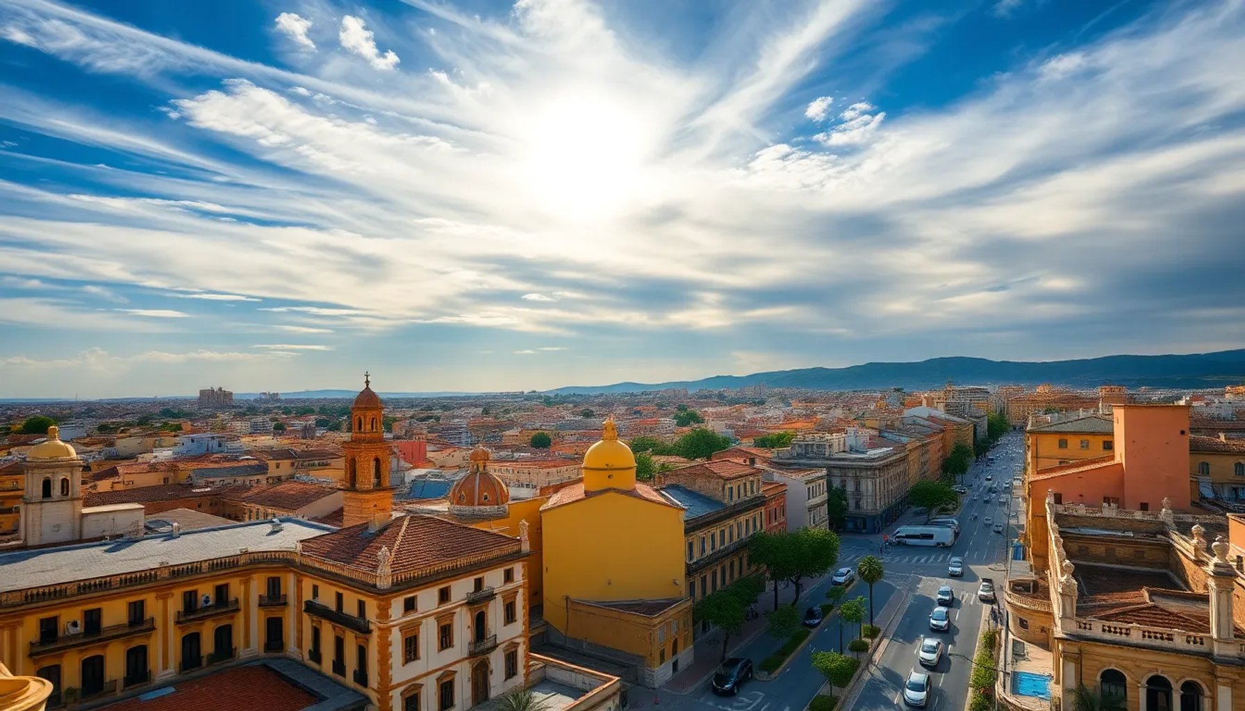 Cielo parcialmente nublado sobre la ciudad de Murcia con el sol asomando entre las nubes