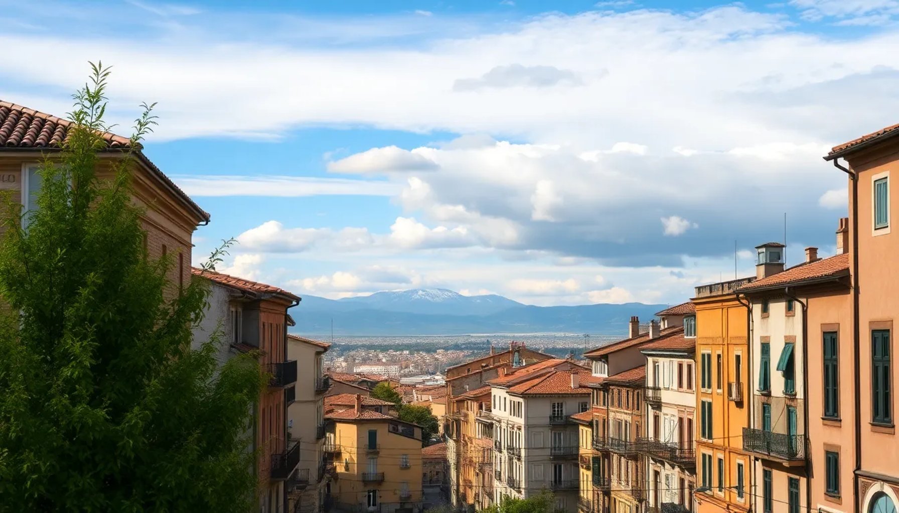 Cielo parcialmente nublado sobre la ciudad de Huesca con montañas al fondo y una ligera lluvia en la tarde