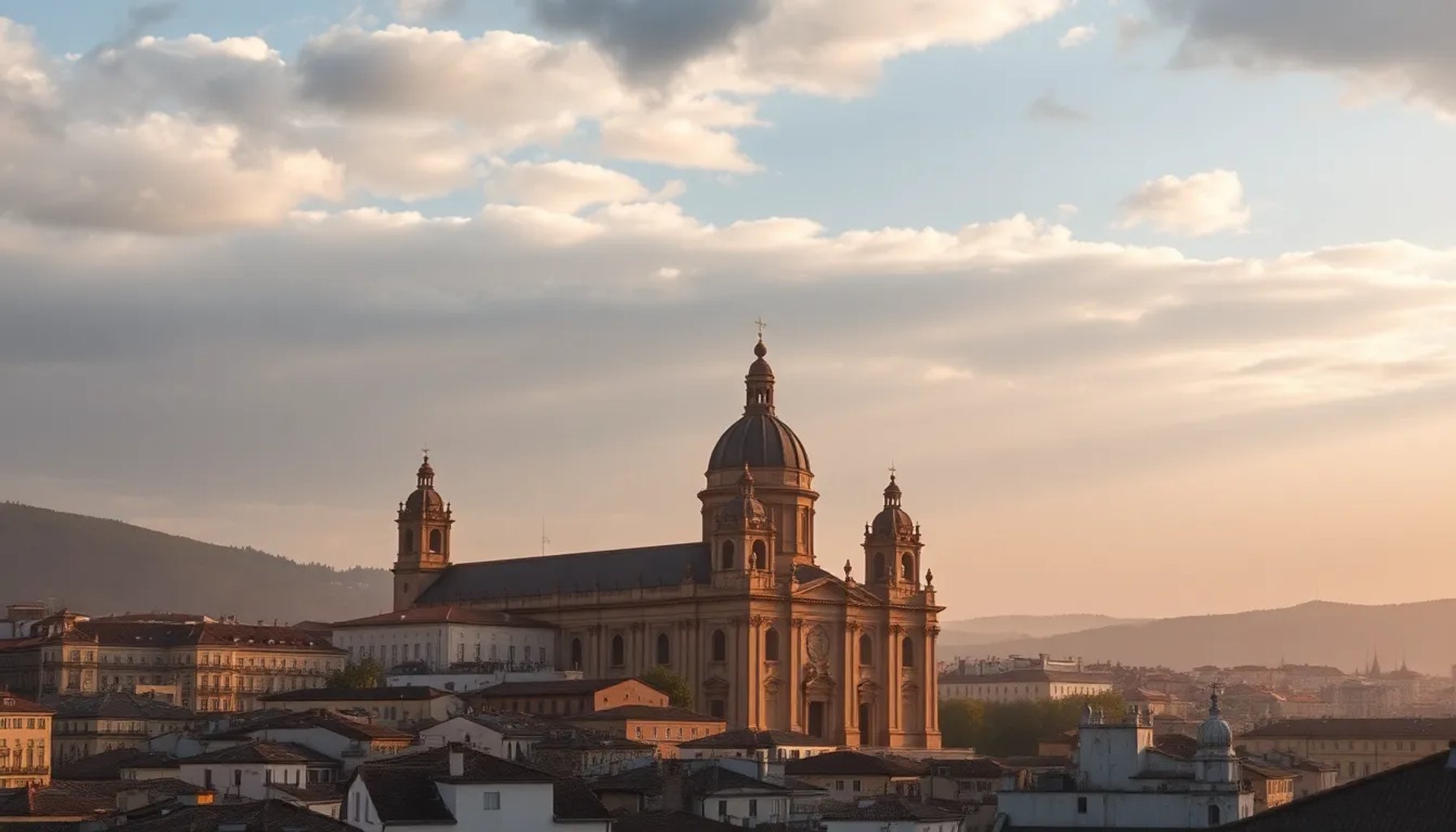 Vista panorámica del cielo nublado sobre la ciudad de Pamplona con la Catedral de Santa María a la distancia
