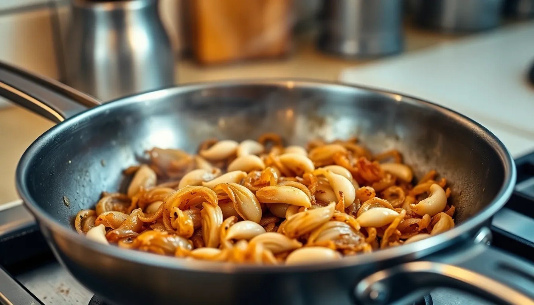 Sartén con cebolla dorada y ajo recién añadido, resaltando el orden de cocción