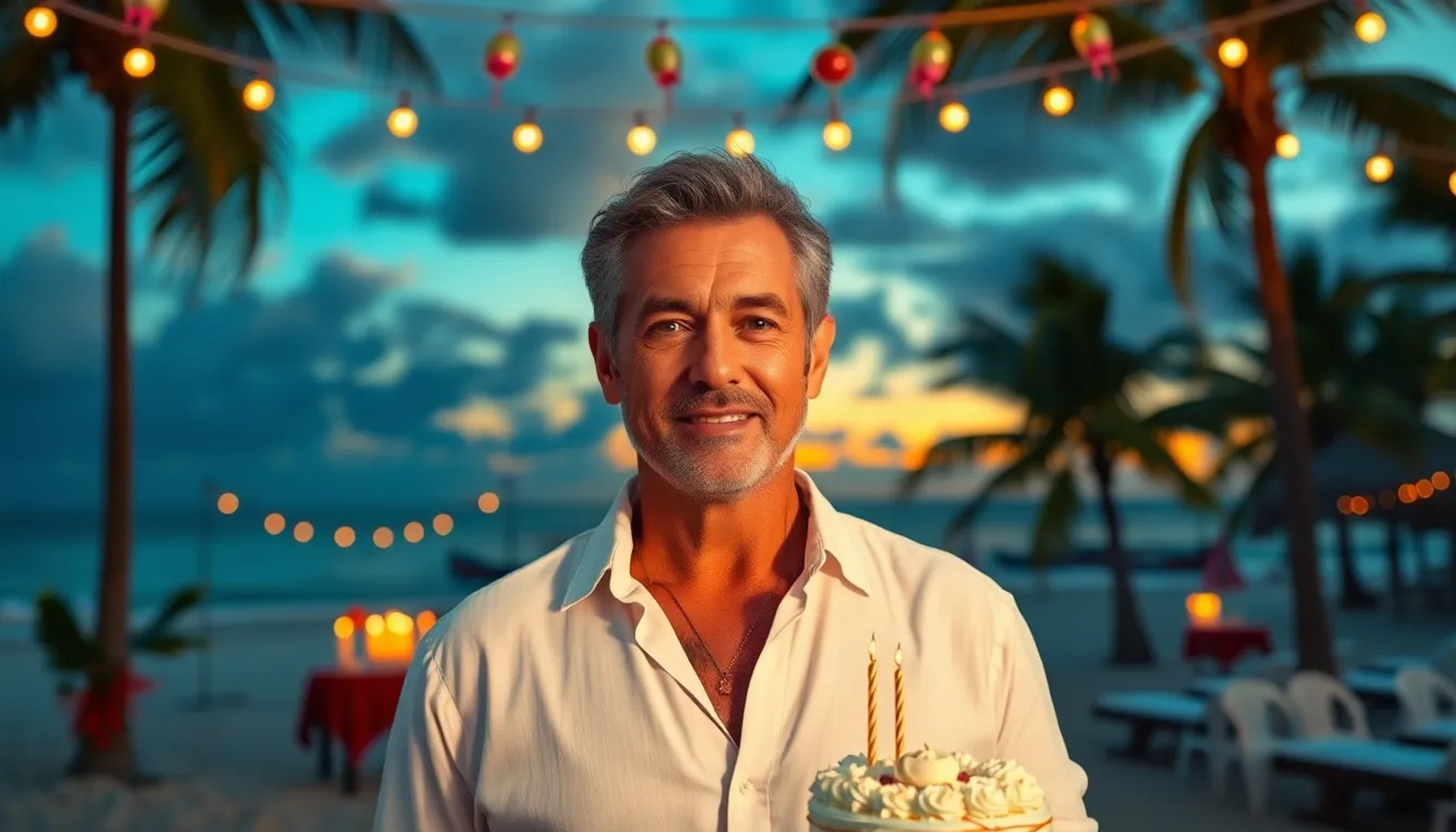 Alec Baldwin en una fiesta al atardecer en la playa de Las Terrenas, República Dominicana