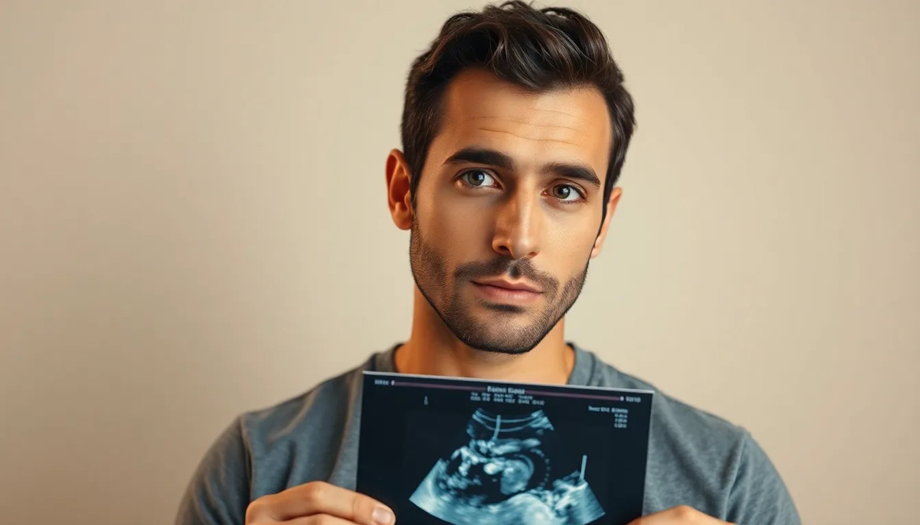 Alfred García sosteniendo una ecografía mientras mira la cámara, con fondo neutro