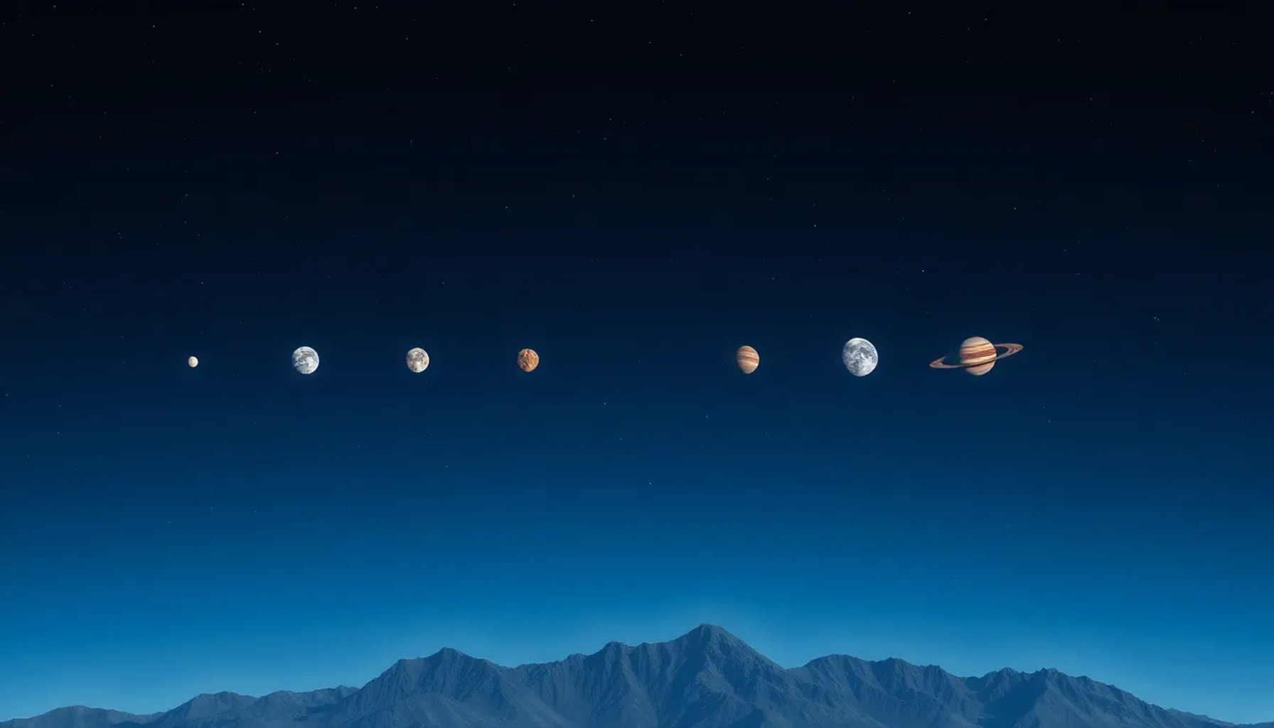 Alineación de varios planetas sobre un horizonte montañoso bajo un cielo estrellado