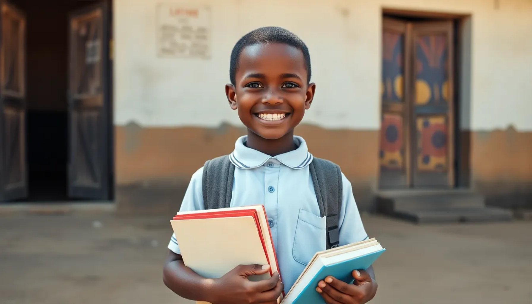 Niño sonriente con uniforme escolar sosteniendo libros, representando el apadrinamiento