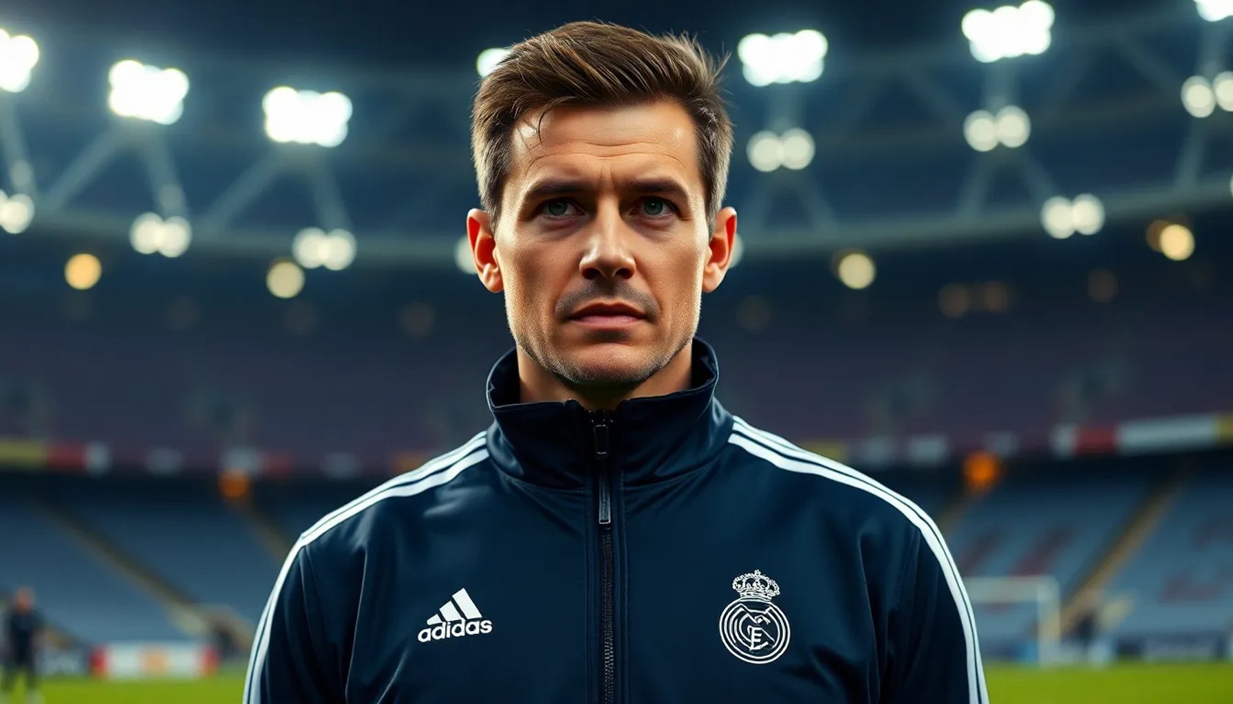 Daniel Arbeloa vistiendo la chaqueta del Real Madrid, de pie en el campo del Santiago Bernabéu, mirando al horizonte con determinación