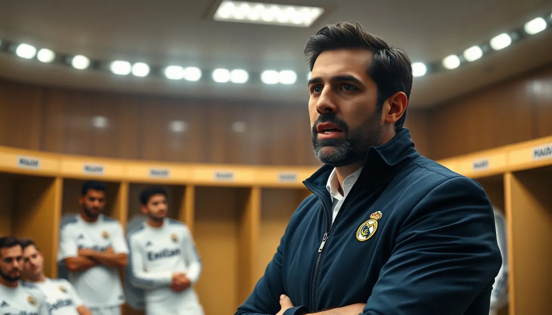 Fernando Arbeloa motivando al equipo del Real Madrid en el vestuario del Bernabéu antes de la Champions